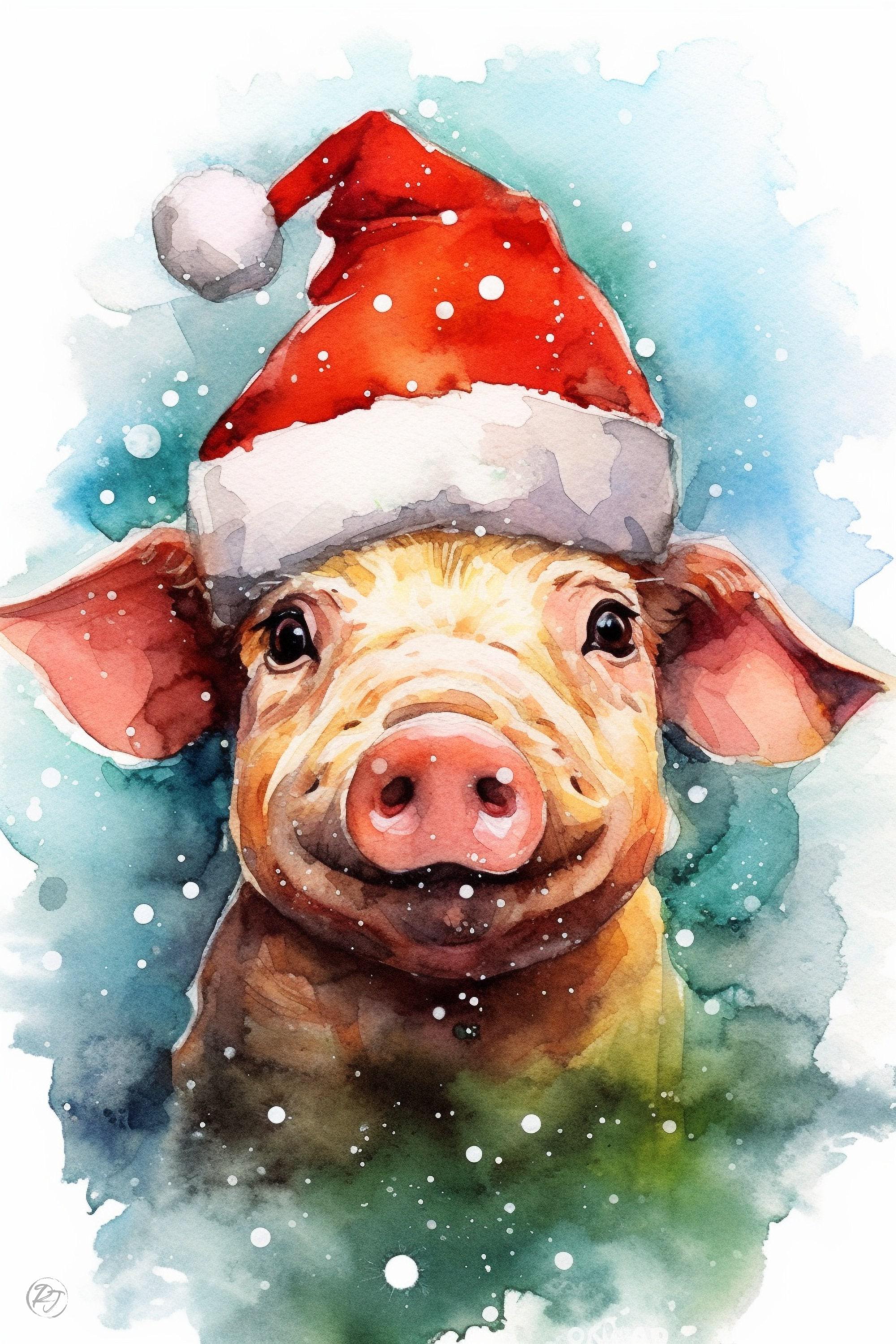 Santa Pig Watercolor - Holiday Farmhouse Decor, Giclee Print on Canvas, Artist Paper, Watercolor Paper, Available in Extra Large Sizes