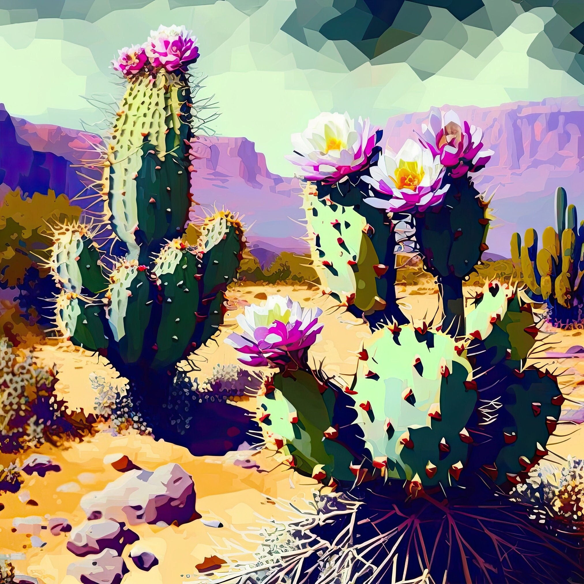 Desert Cactus Art – Purple Green Cactus Blossom on Gallery Wrapped Canvas, Ready to Hang