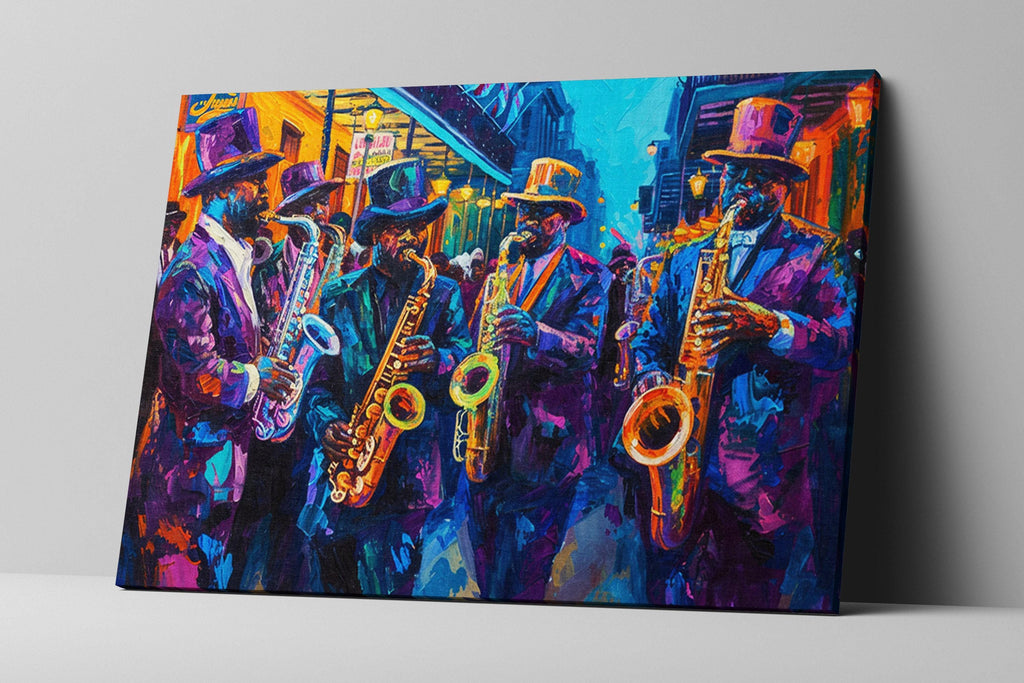 The image is a vibrant painting depicting a group of musicians playing various instruments, including saxophones, in a lively and colorful setting.