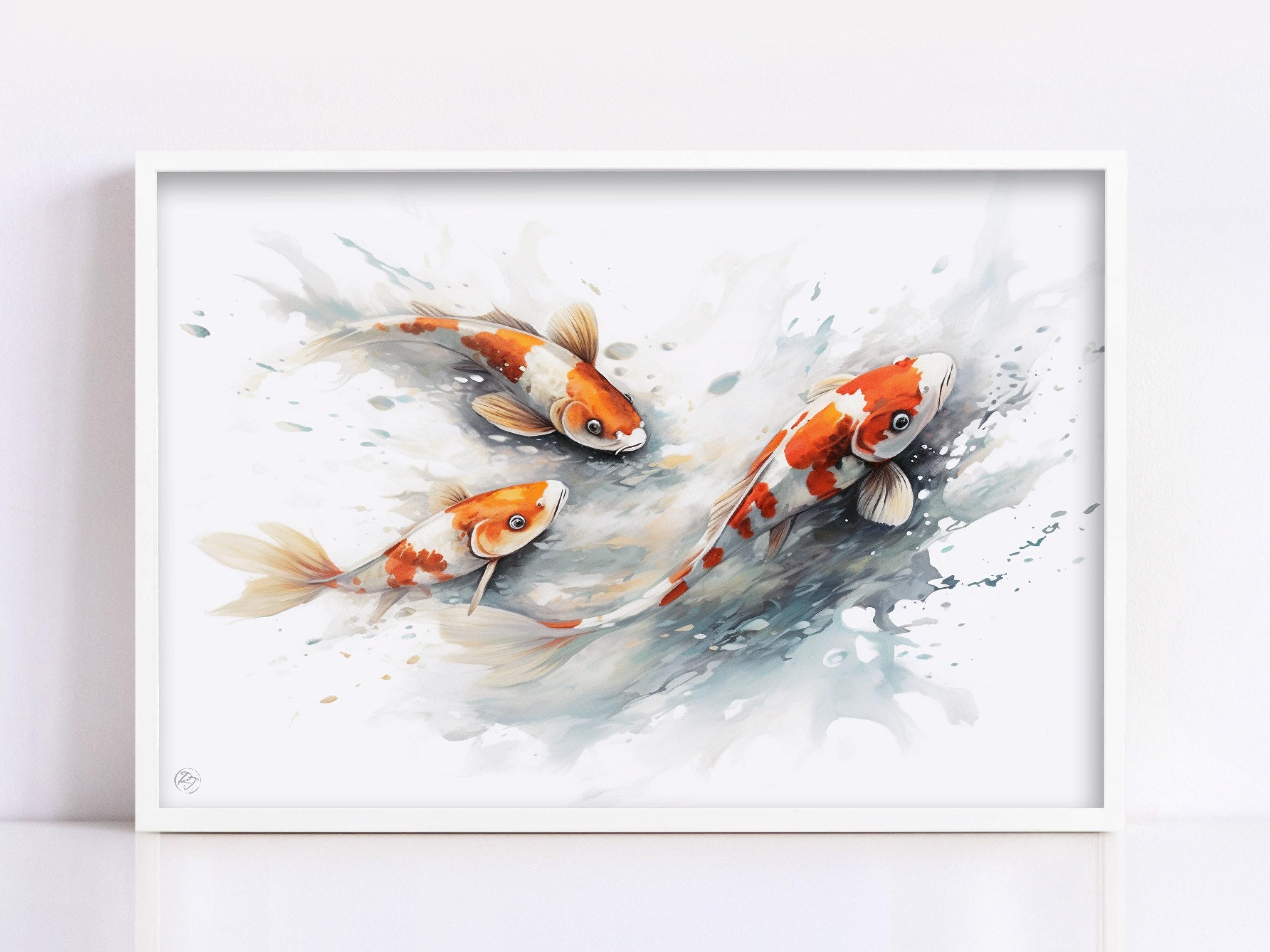 Serene Koi Fish Watercolor Wall Art - Giclee Print on Canvas, Artist Paper, Watercolor Paper, Available in Extra Large Sizes