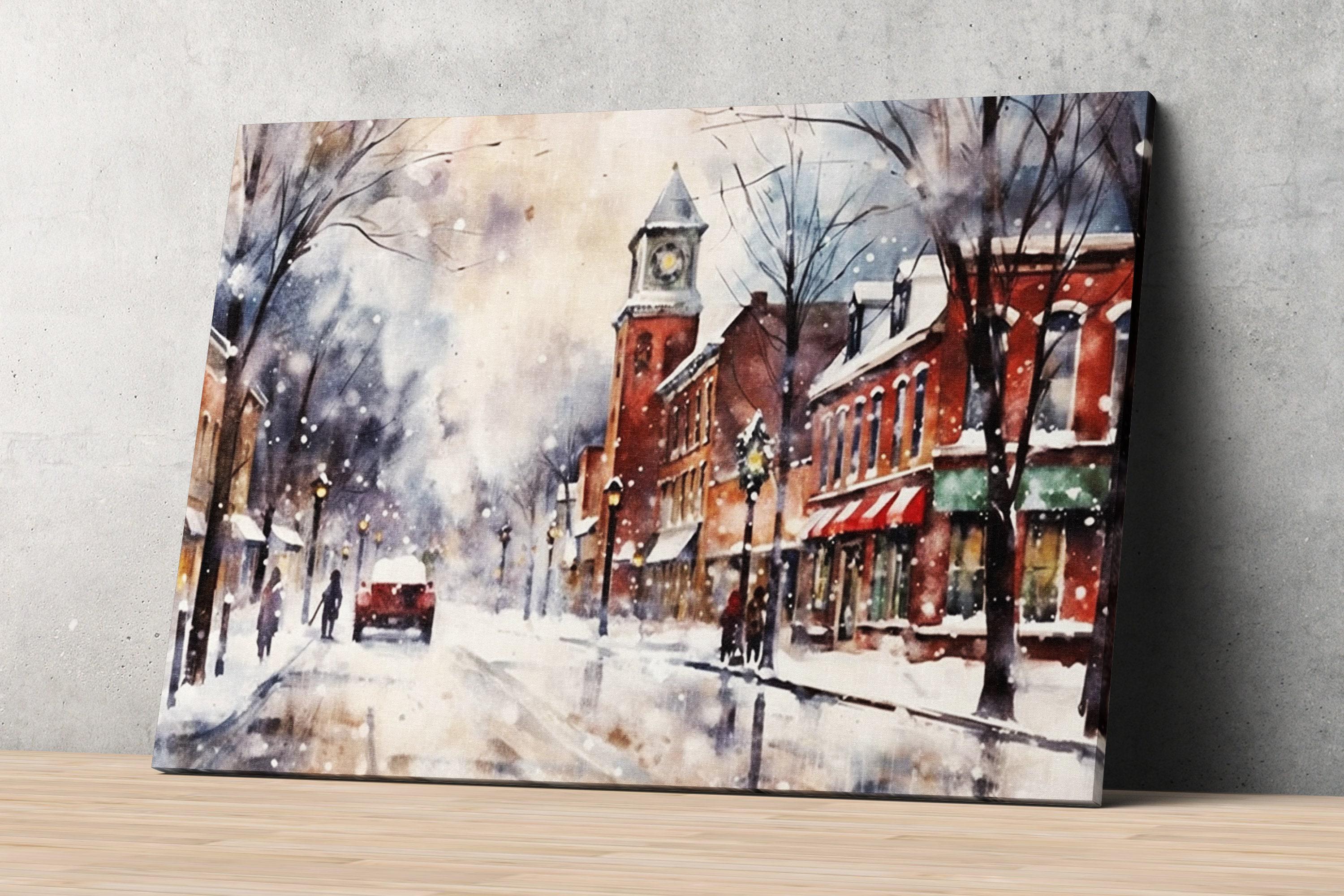 Charming Holiday Town Watercolor - Rustic Christmas Decor, Print on Canvas, Artist Paper, Watercolor Paper, Available in Extra Large Sizes