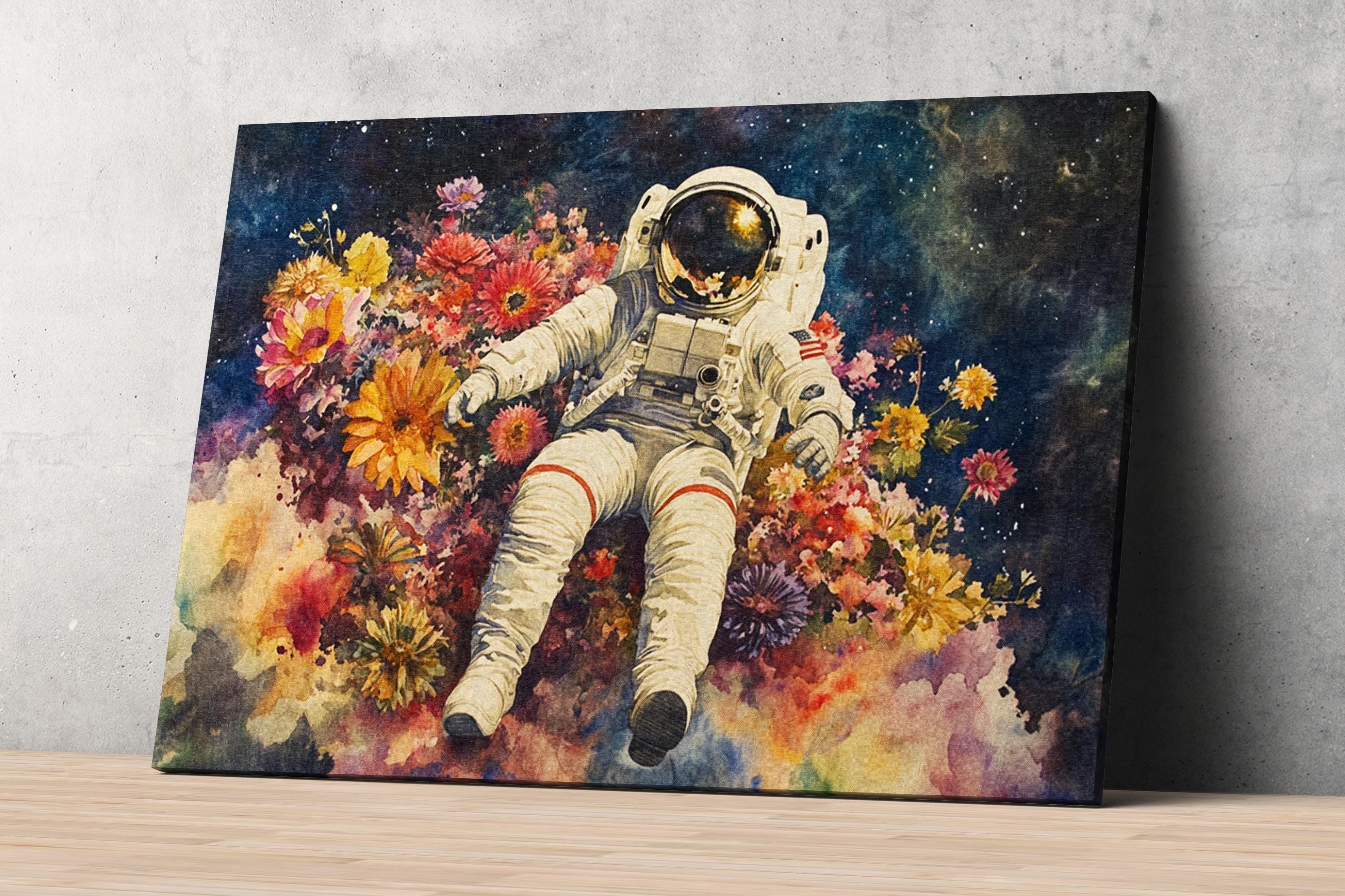 an astronaut floating in a colorful, flower-filled space, surrounded by a starry night sky.
