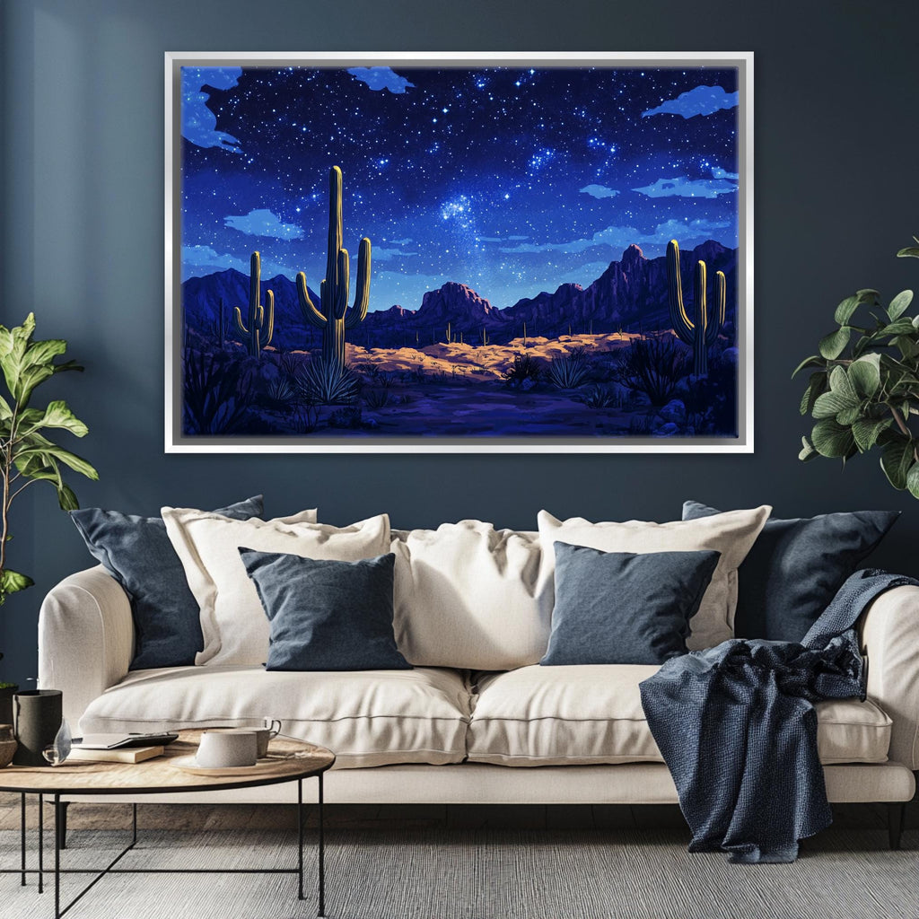 a living room with a couch and a painting on the wall