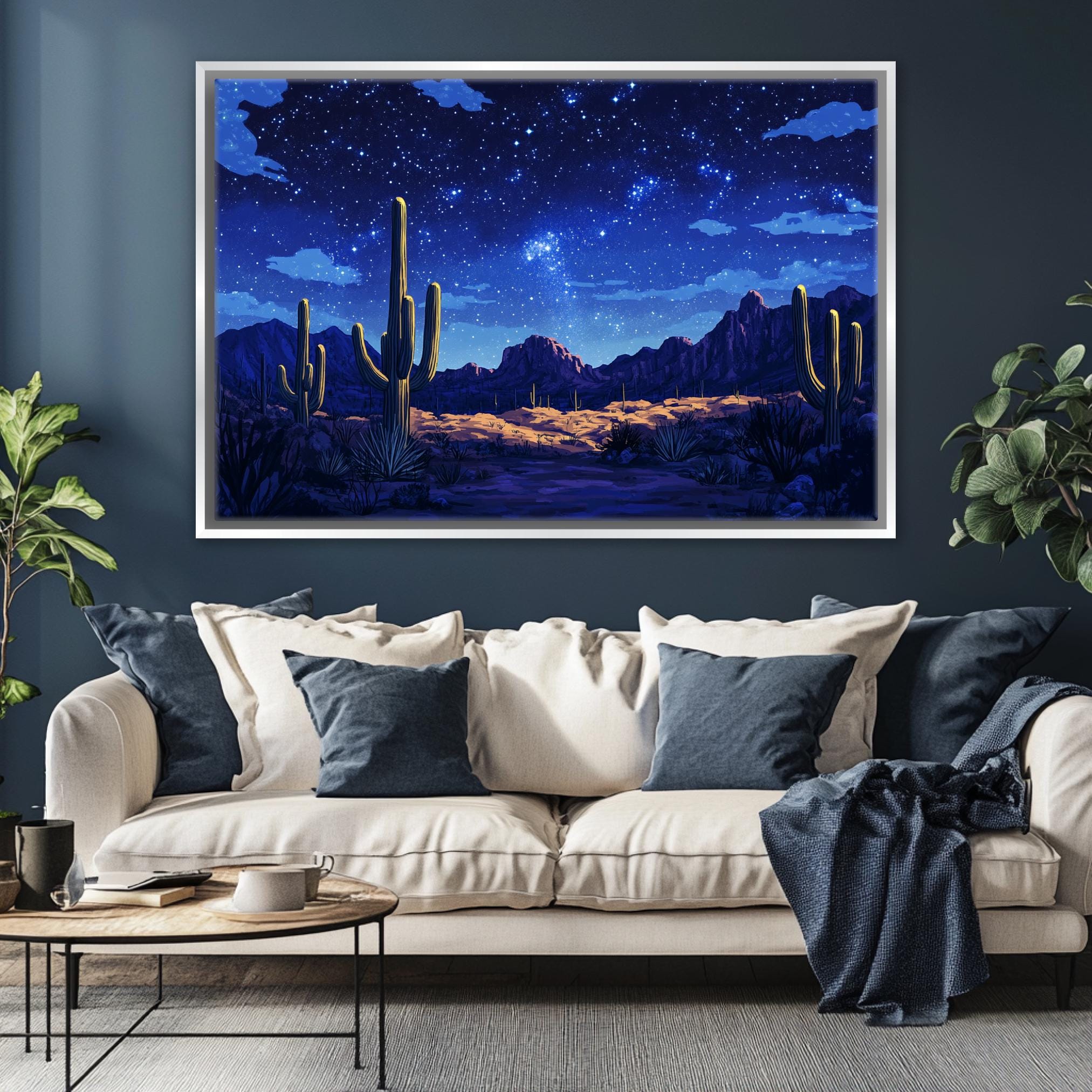 a living room with a couch and a painting on the wall