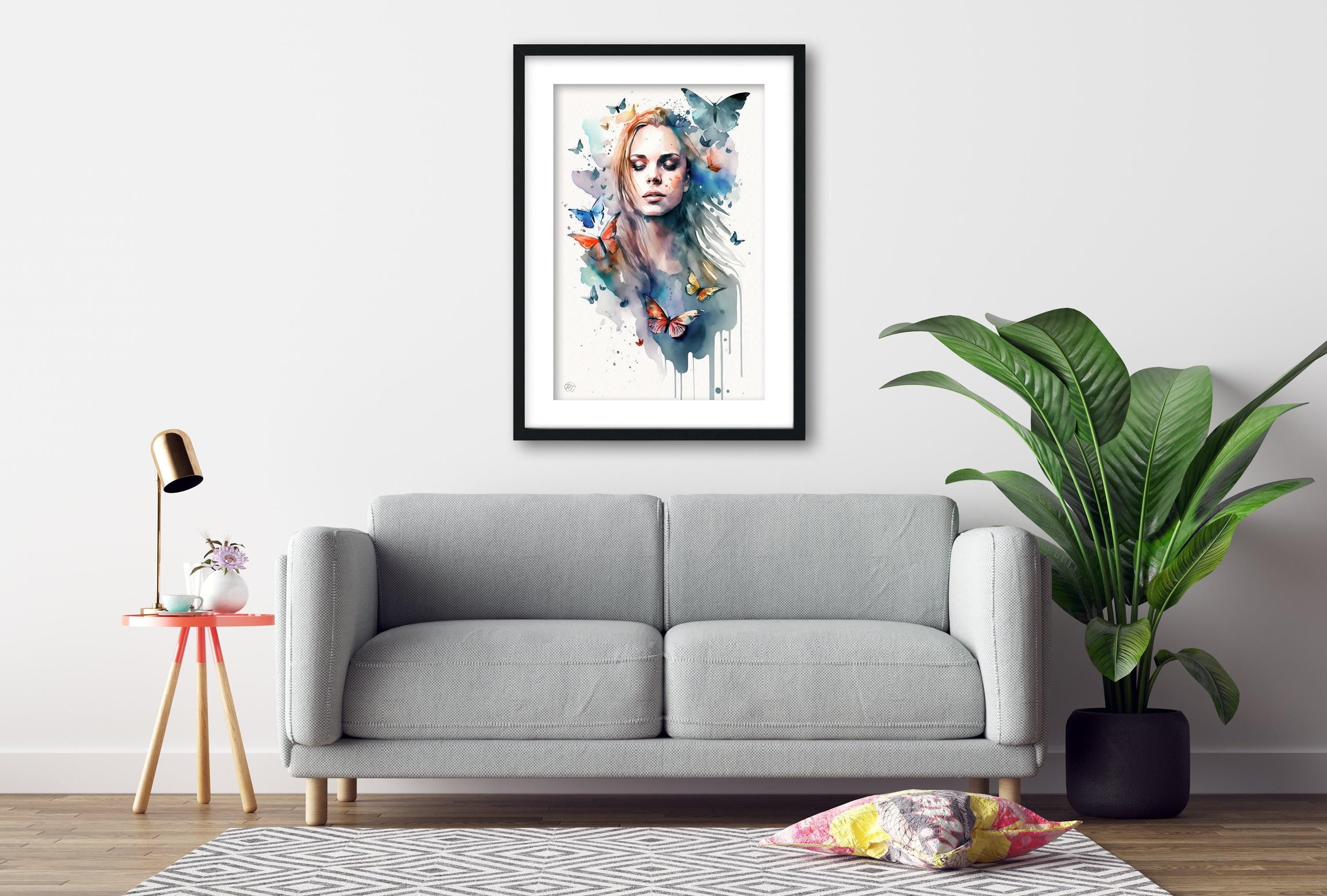 Dreamlike Elegance: Woman with Butterflies Watercolor Painting, Giclee Canvas, Artist and Watercolor Paper, Available in Extra Large Sizes