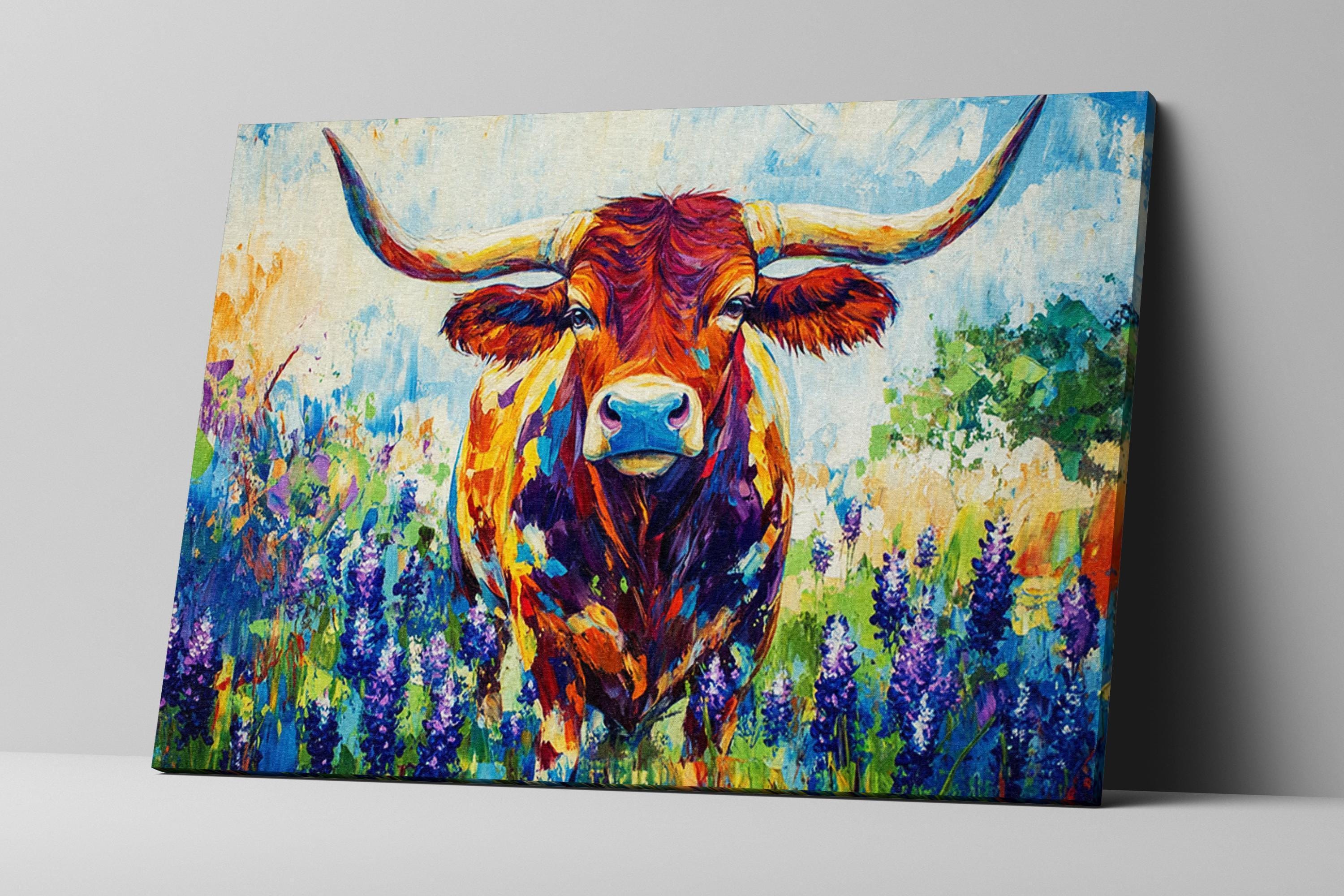 The image is a vibrant painting depicting a bull with large horns standing in a field of colorful flowers.