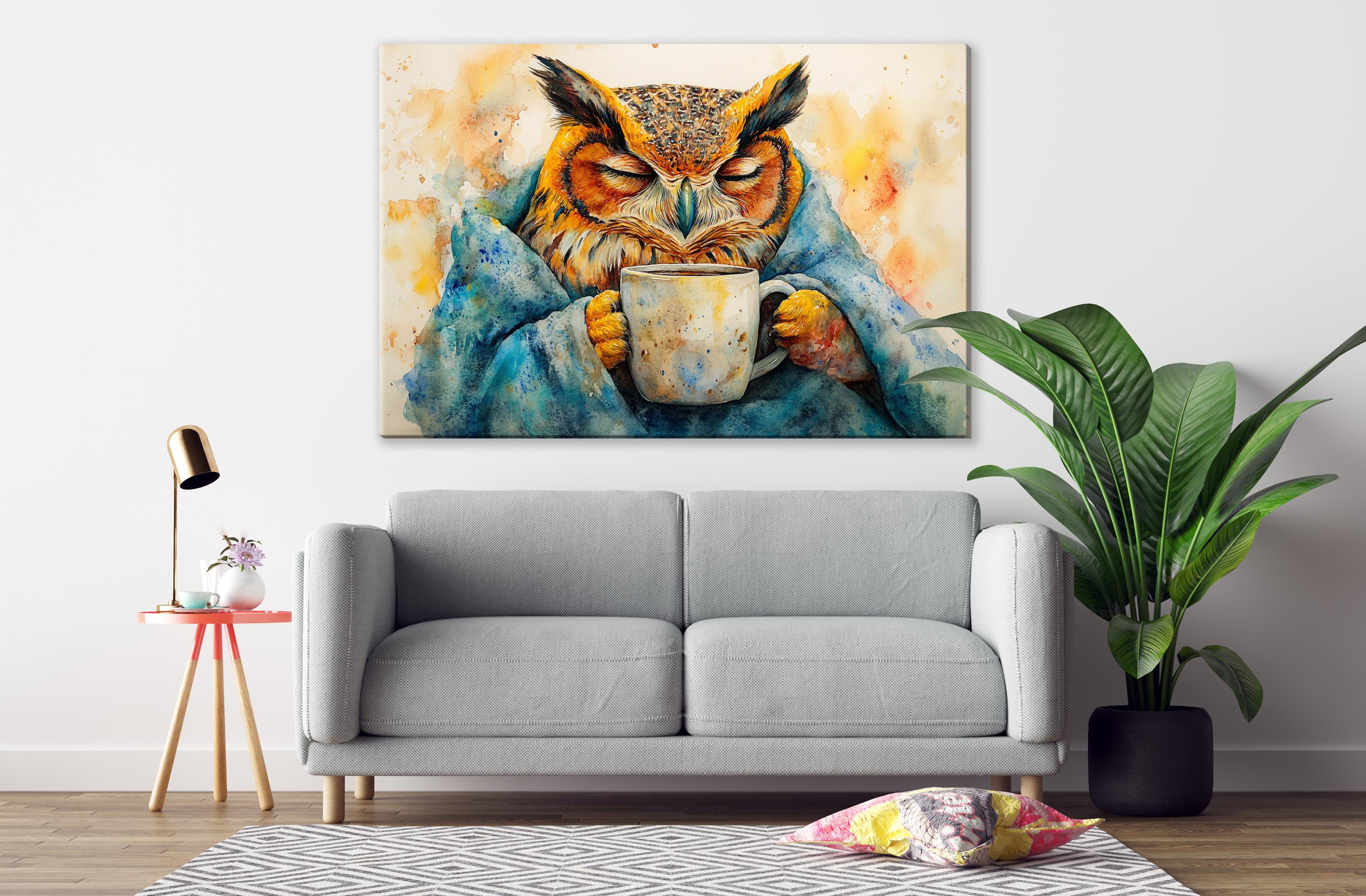 a cozy living room with a gray sofa, a potted plant, and a painting of an owl holding a cup of coffee hanging on the wall.