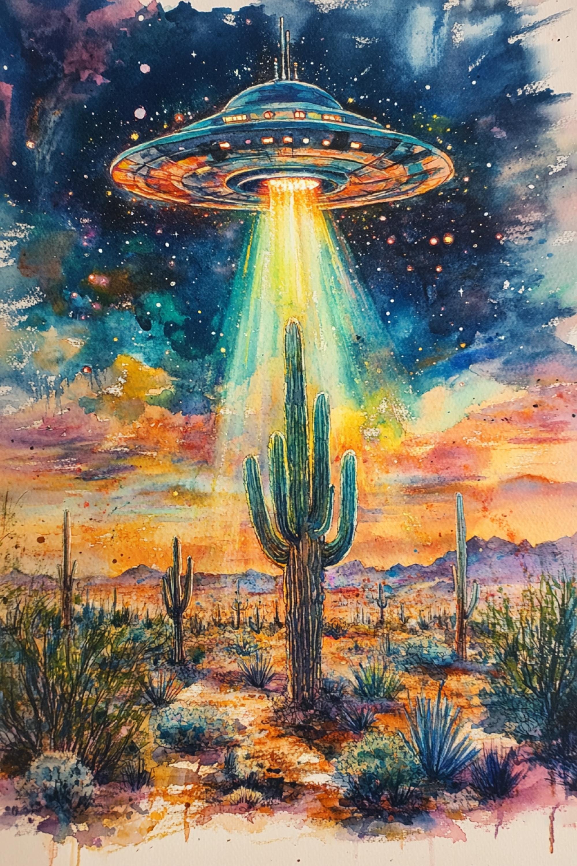 A surreal desert landscape with a large, colorful alien spacecraft hovering above a desert filled with cacti and other desert plants, with a vibrant sunset sky in the background.