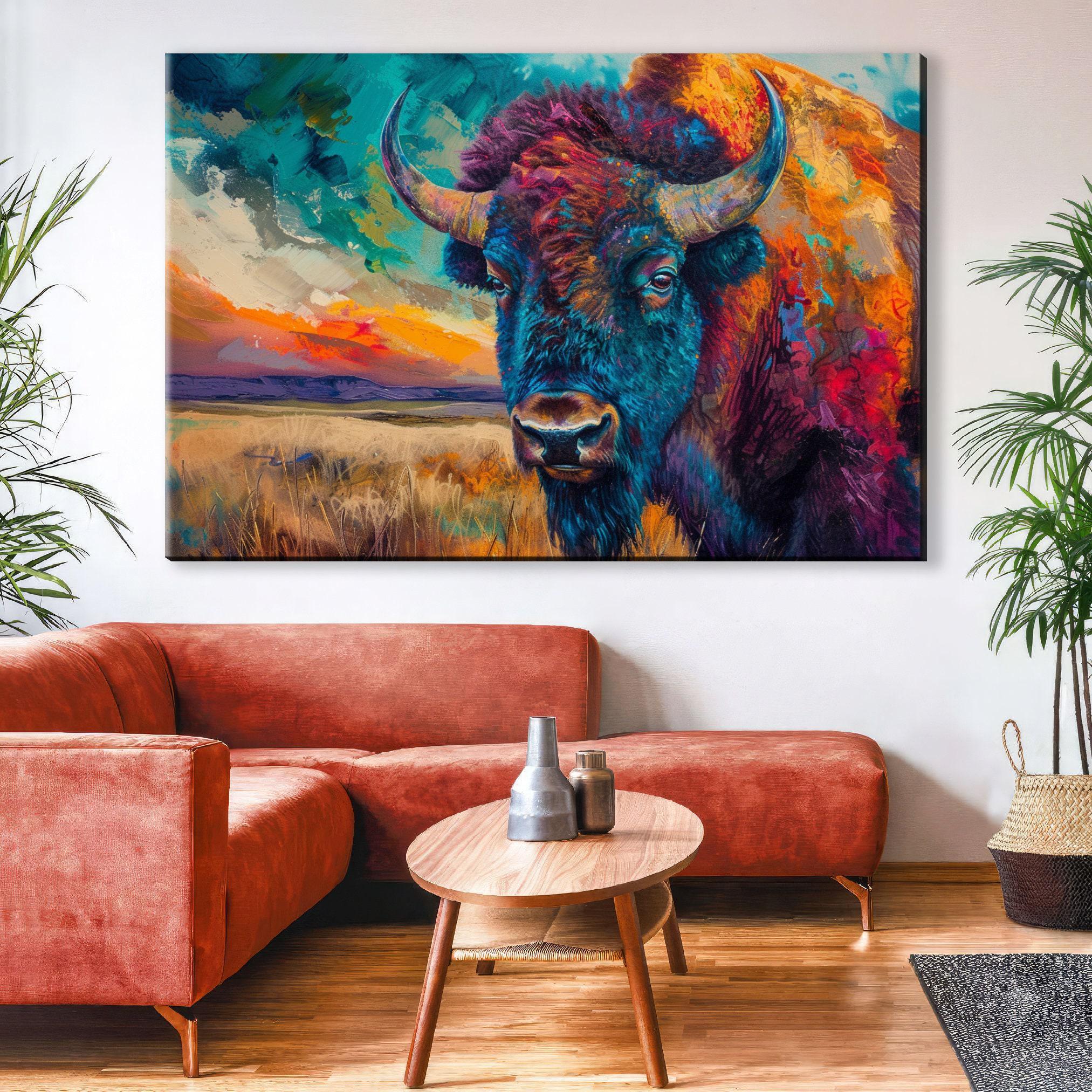 a large, colorful painting of a bison in a field, hanging on a wall above a red couch in a living room setting.