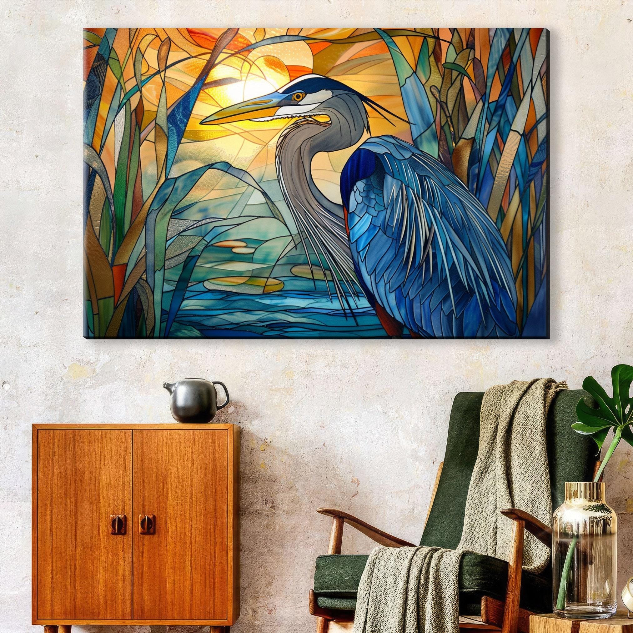 Blue Heron Canvas | Stained Glass Style Large Canvas Art - Coastal Bird Wall Decor