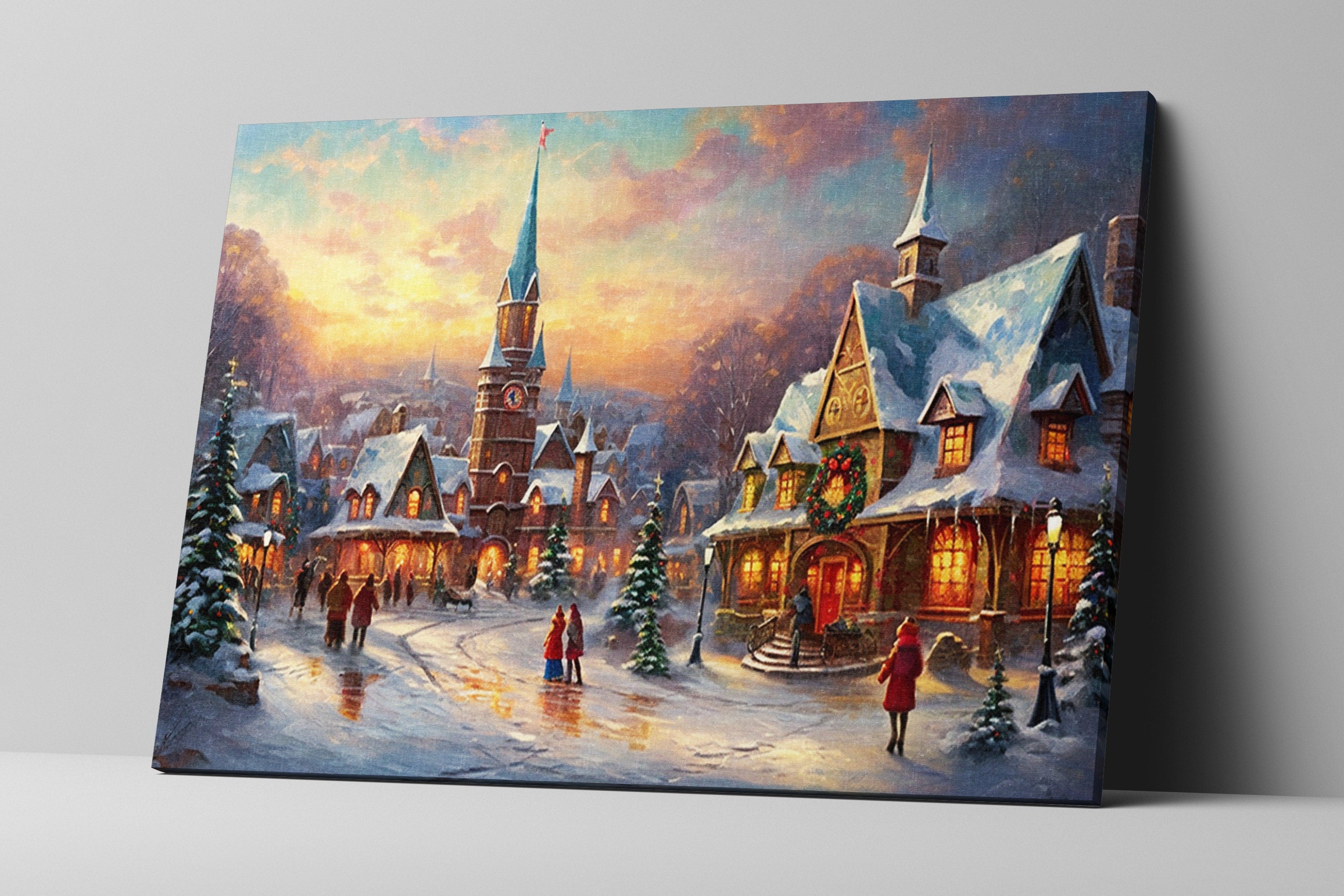 Victorian Christmas Wall Art - Vintage Christmas Village on Gallery Wrapped Canvas, Large Holiday Decor
