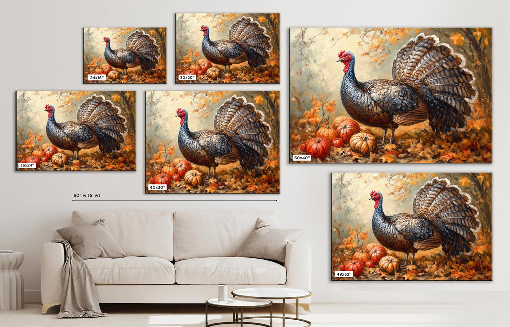 The image is a collage of five paintings depicting turkeys in autumn settings, including a turkey standing on a bed of leaves and pumpkins.