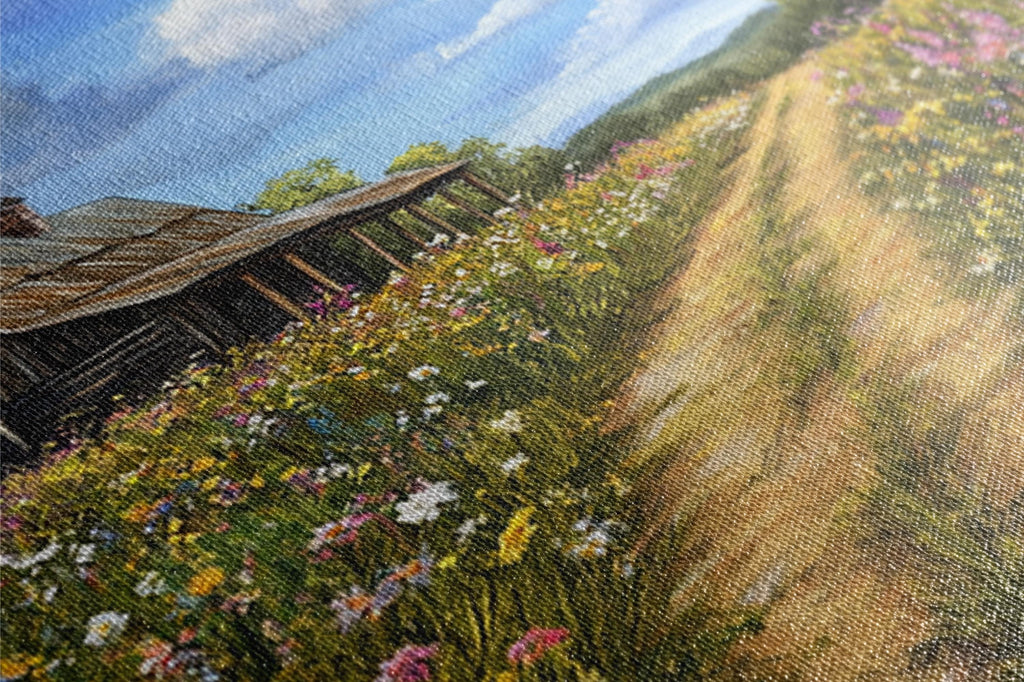 a painting of a house in a field of flowers
