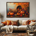 a cozy living room with a large painting of a cornucopia of autumn fruits and vegetables hanging on the wall above a beige sofa adorned with orange and beige pillows.