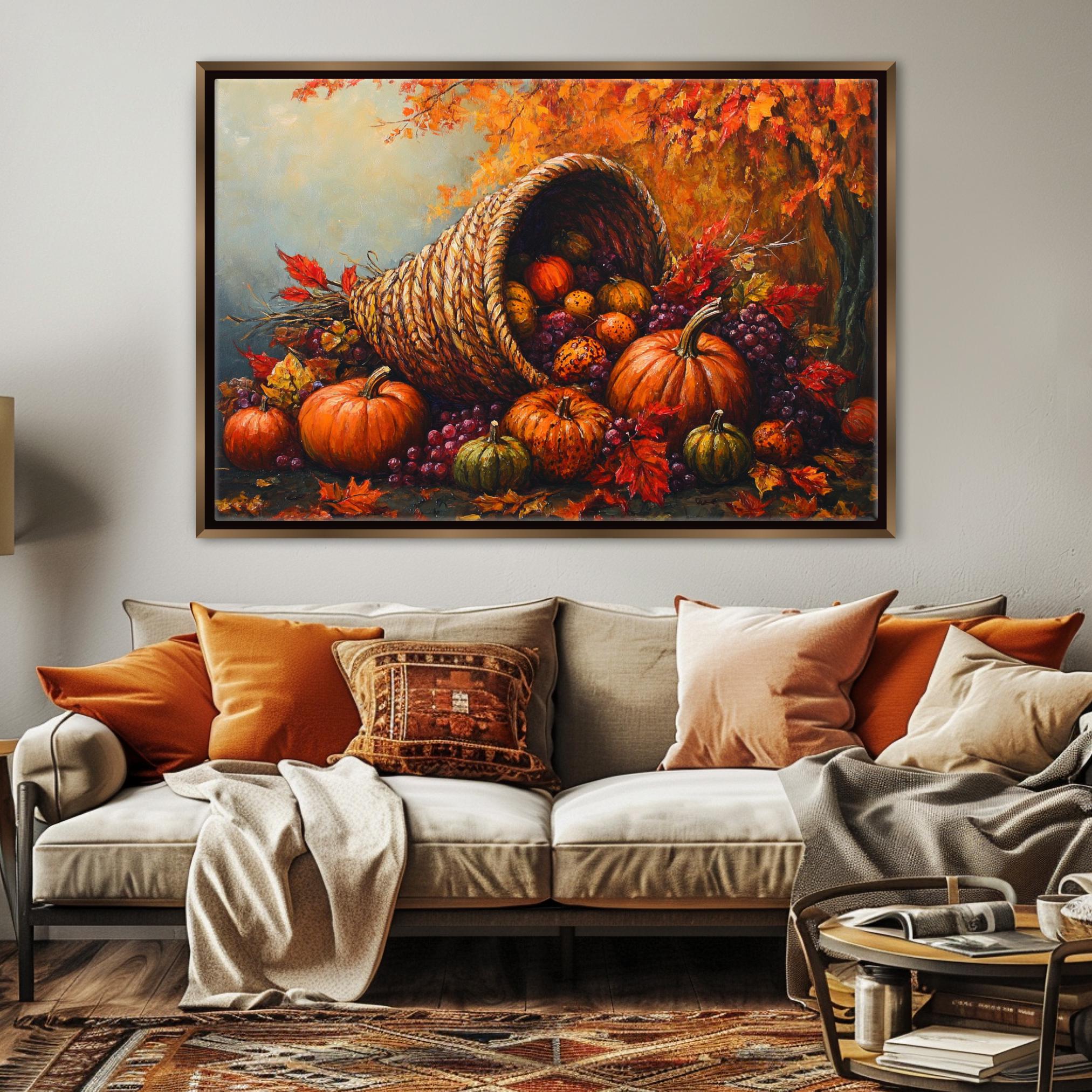 a cozy living room with a large painting of a cornucopia of autumn fruits and vegetables hanging on the wall above a beige sofa adorned with orange and beige pillows.