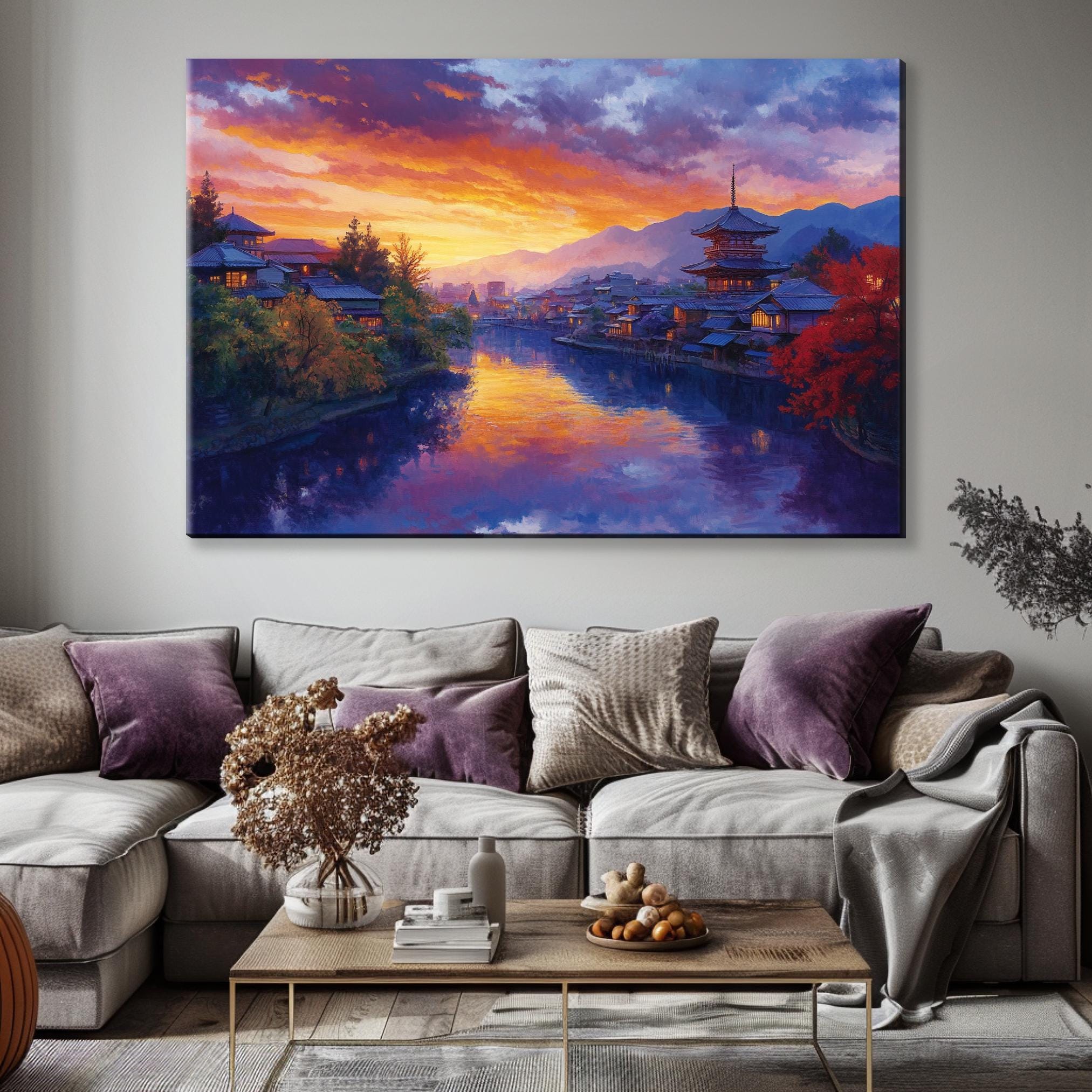 a living room with a couch and a painting on the wall