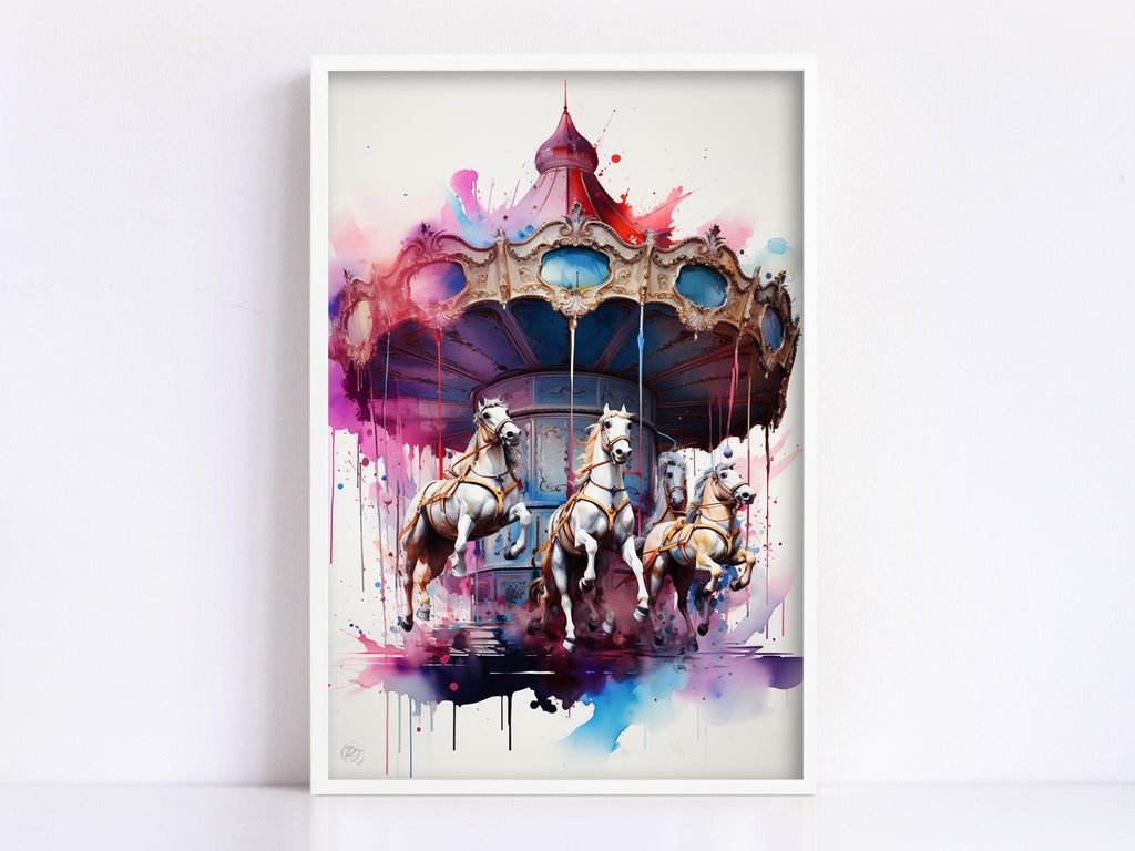 Whimsical Carousel: Watercolor Carnival Wall Art, Giclee Print on Canvas, Artist Paper, Watercolor Paper, Available in Extra Large Sizes
