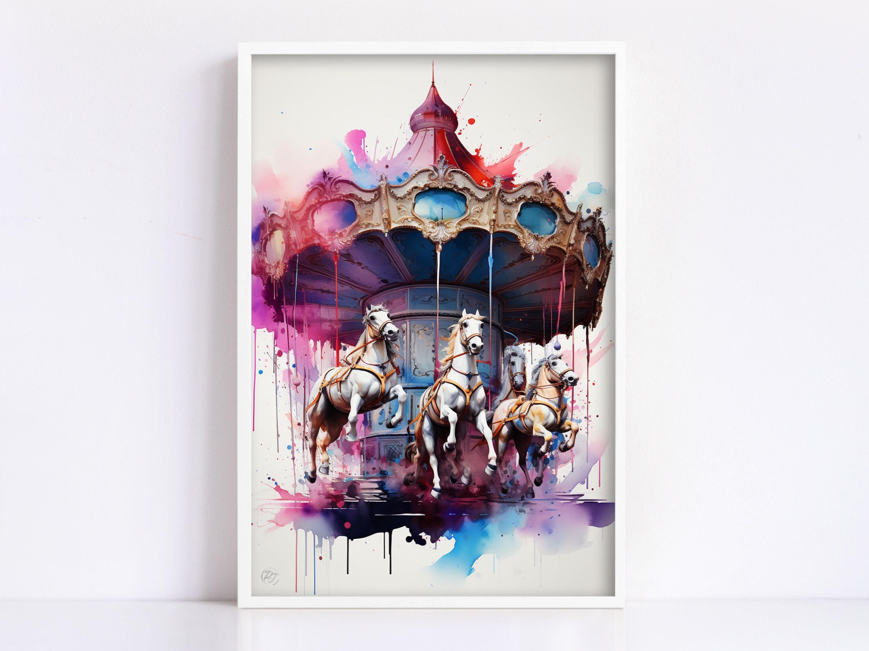 Whimsical Carousel: Watercolor Carnival Wall Art, Giclee Print on Canvas, Artist Paper, Watercolor Paper, Available in Extra Large Sizes