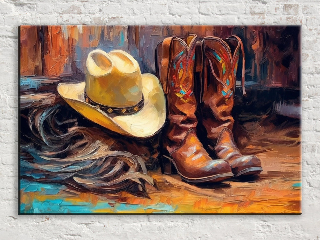 Texas Cowboy Wall Art – Large Cowboy Boots Canvas Print | Rustic Western Artwork
