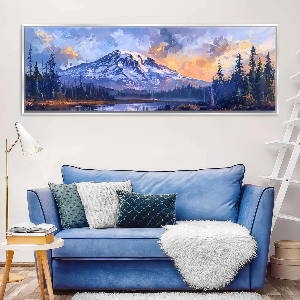a living room with a blue couch and a painting on the wall
