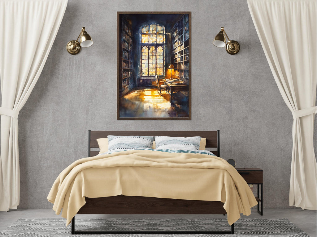 a serene bedroom scene with a large window, a wooden bed, and a painting of a library or study area on the wall.