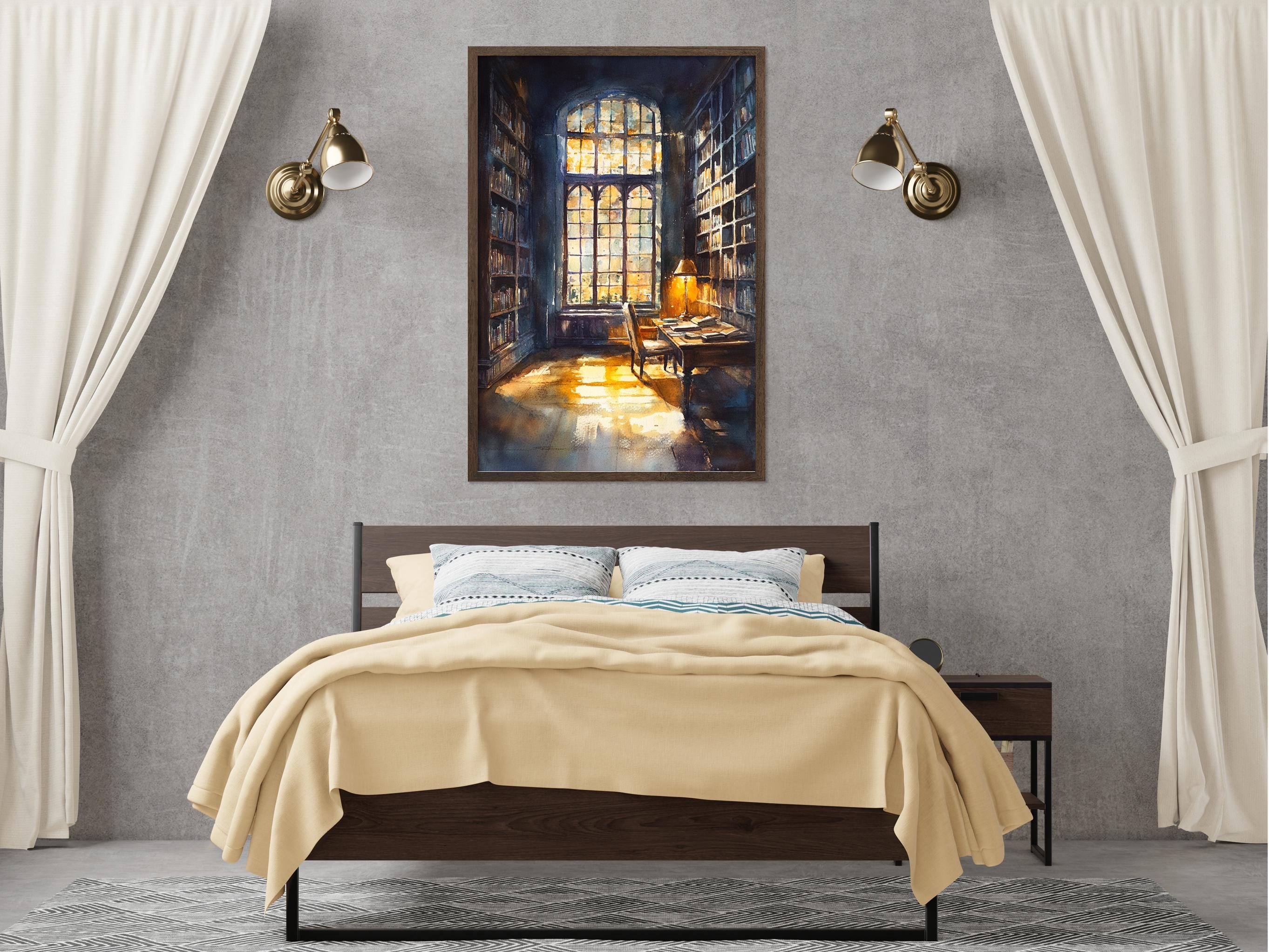 a serene bedroom scene with a large window, a wooden bed, and a painting of a library or study area on the wall.