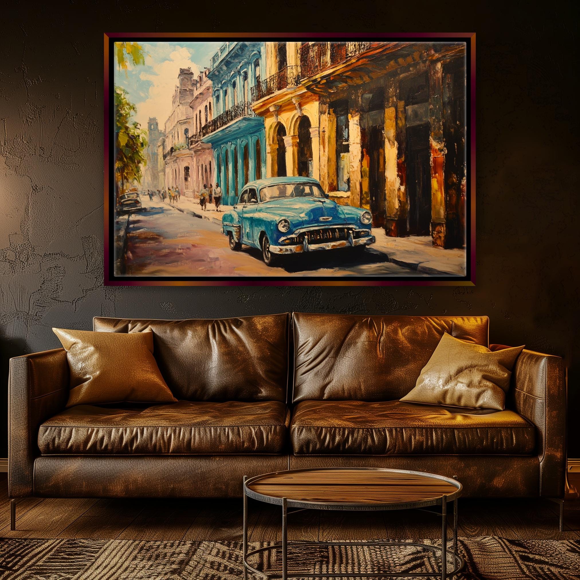 a painting of a car parked on the side of a street