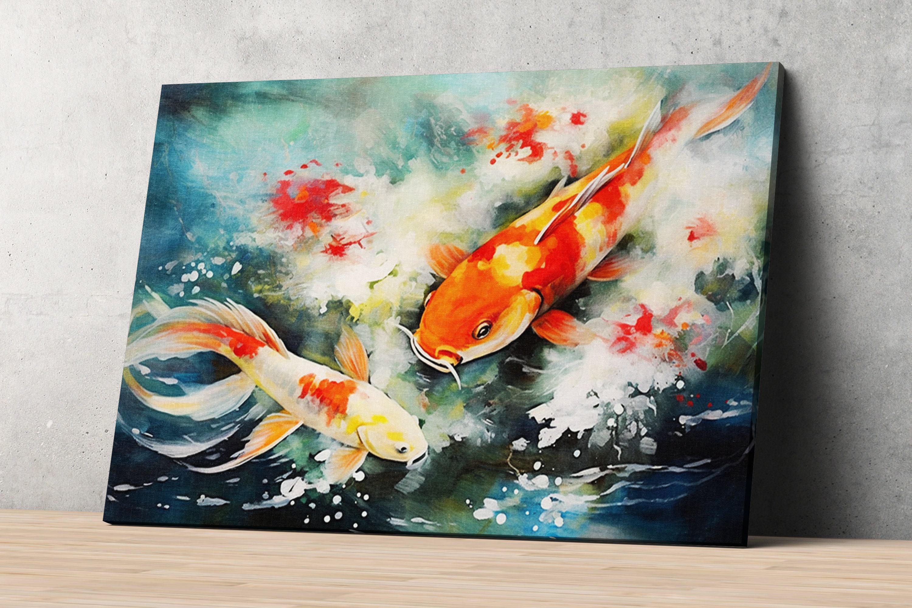 Japanese Koi Watercolor Art for Walls, Giclee Print on Canvas, Artist Paper, Watercolor Paper, Available in Extra Large Sizes