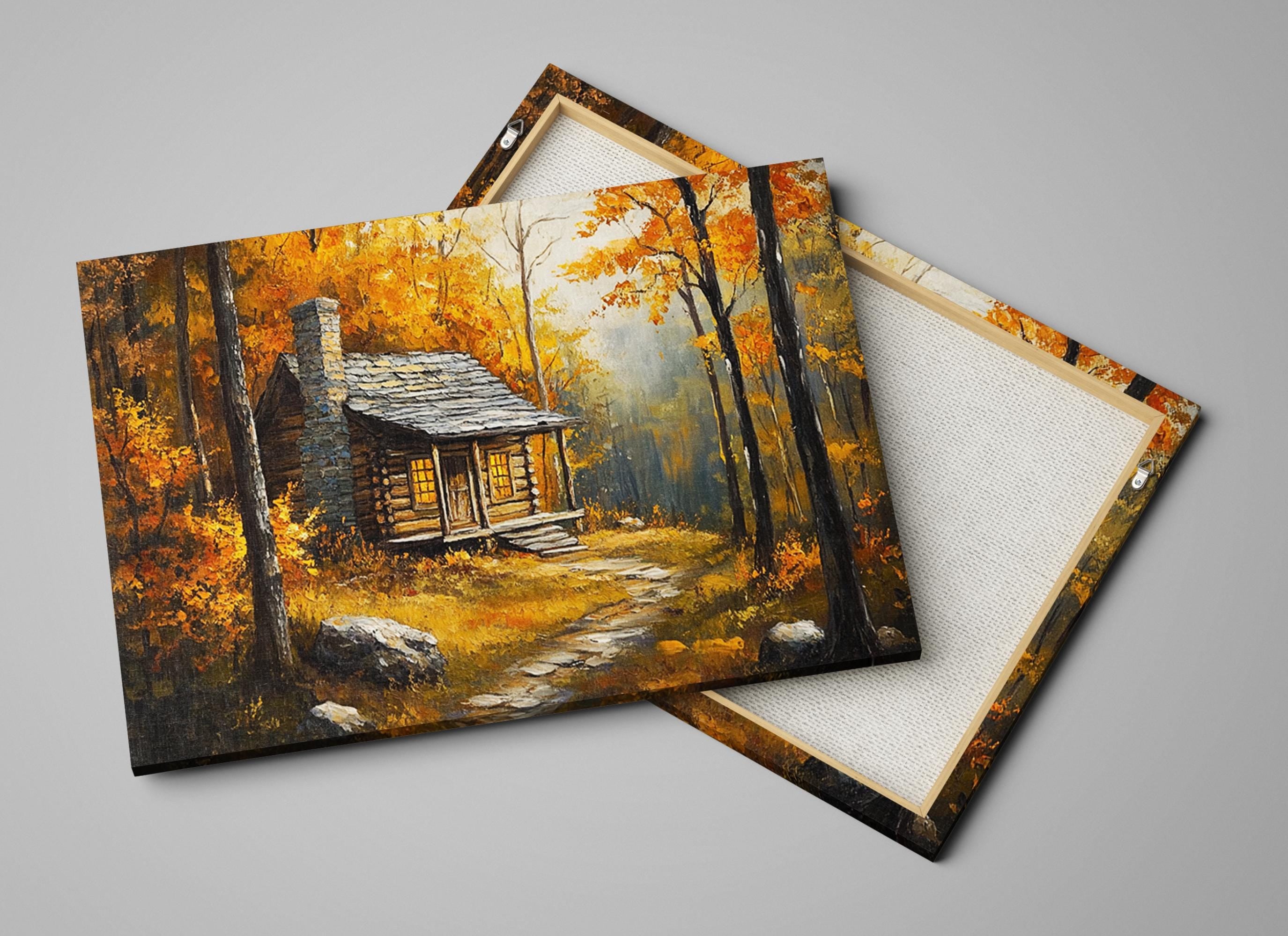 a rustic cabin nestled in a vibrant autumn forest, with a winding path leading up to the door.