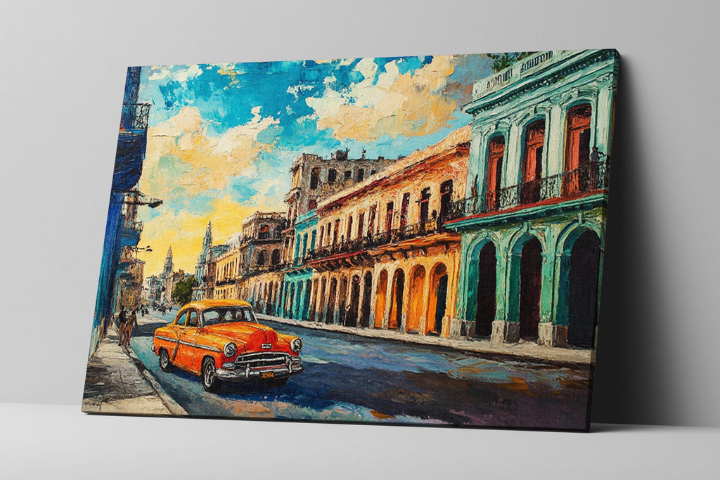 a painting of an orange car on a city street
