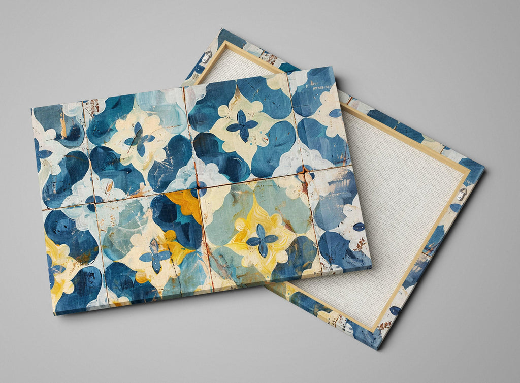 Farmhouse Wall Art – Blue Yellow Canvas Floral Tile Print on Gallery Wrapped Canvas