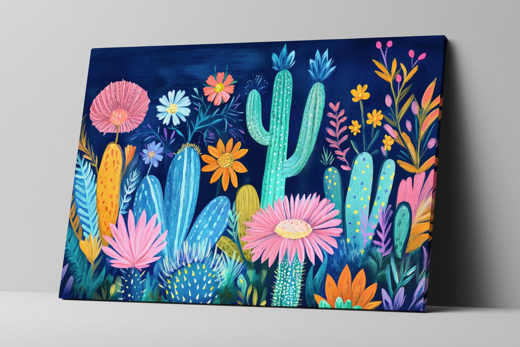 Boho Cacti Canvas Print | Bright Colorful Wall Decor - Framed Mexican Folk Art, Ready to Hang