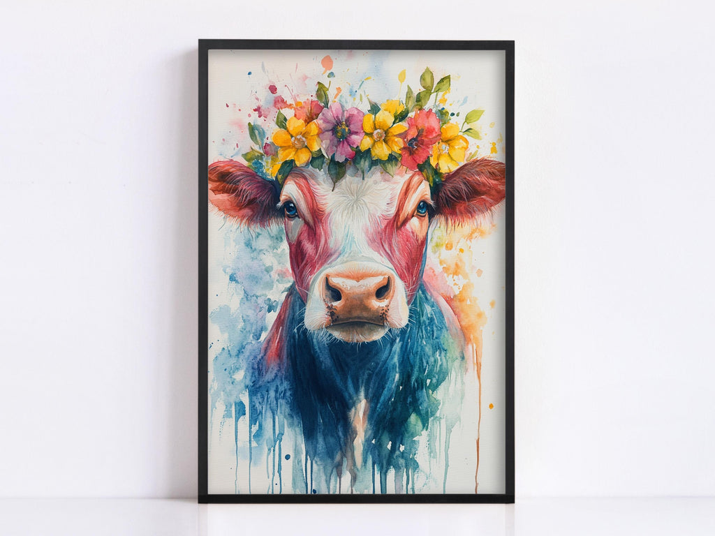 A framed painting depicting a cow with a colorful floral crown on its head.