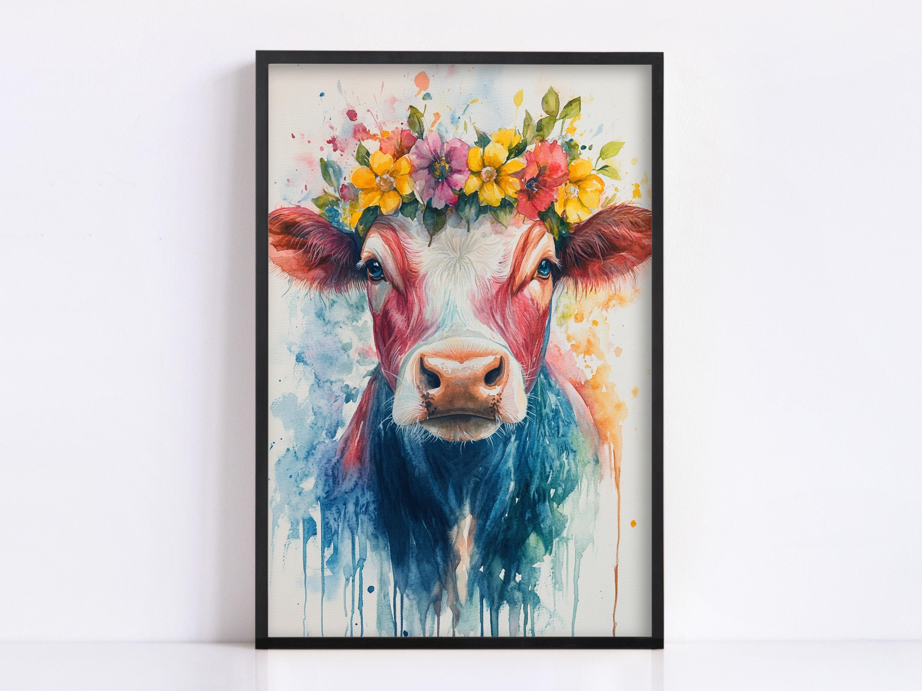 A framed painting depicting a cow with a colorful floral crown on its head.