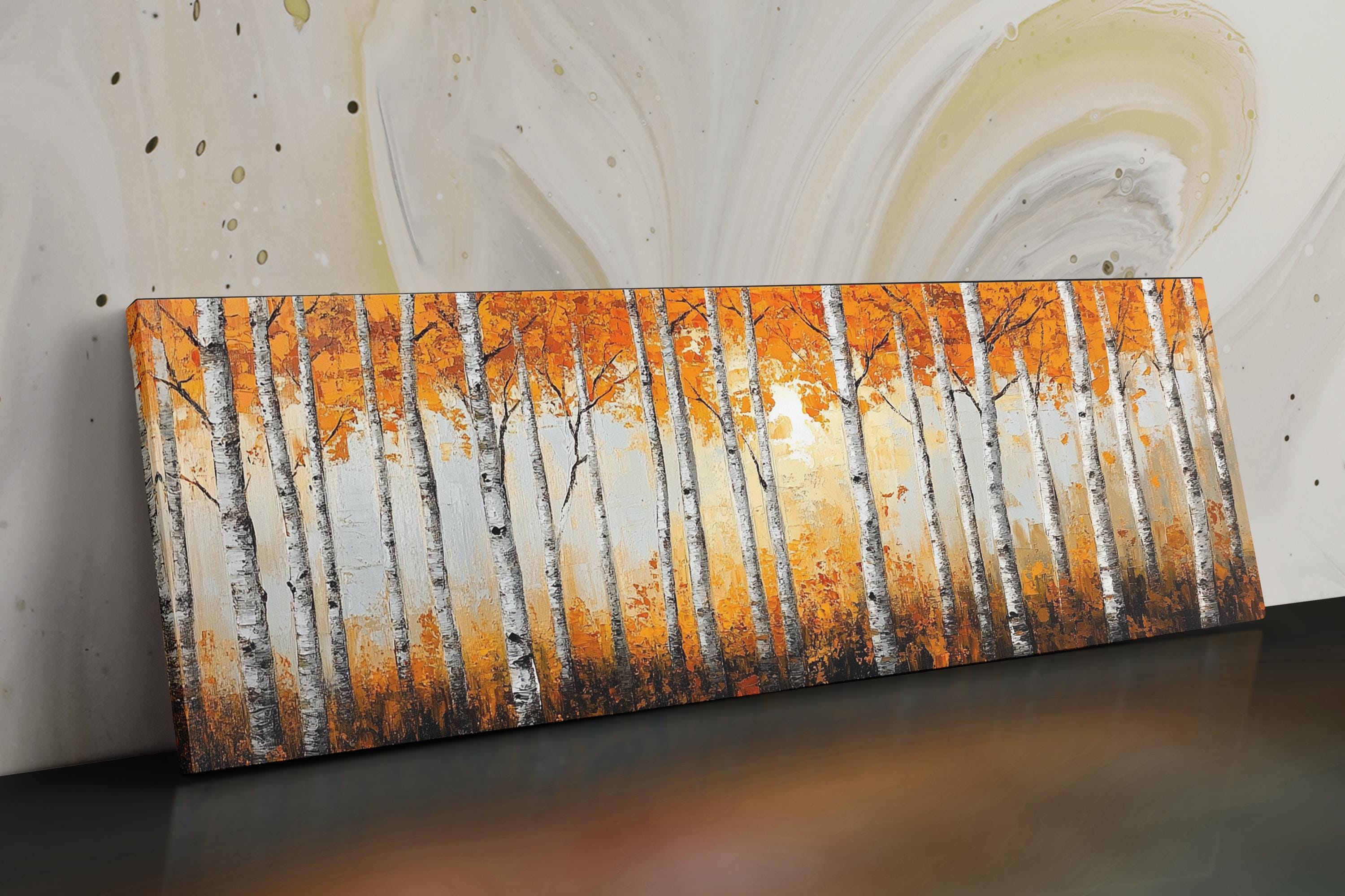 Birch Tree Wall Art – Large Framed Canvas Print with Orange Fall Leaves, Ready to Hang