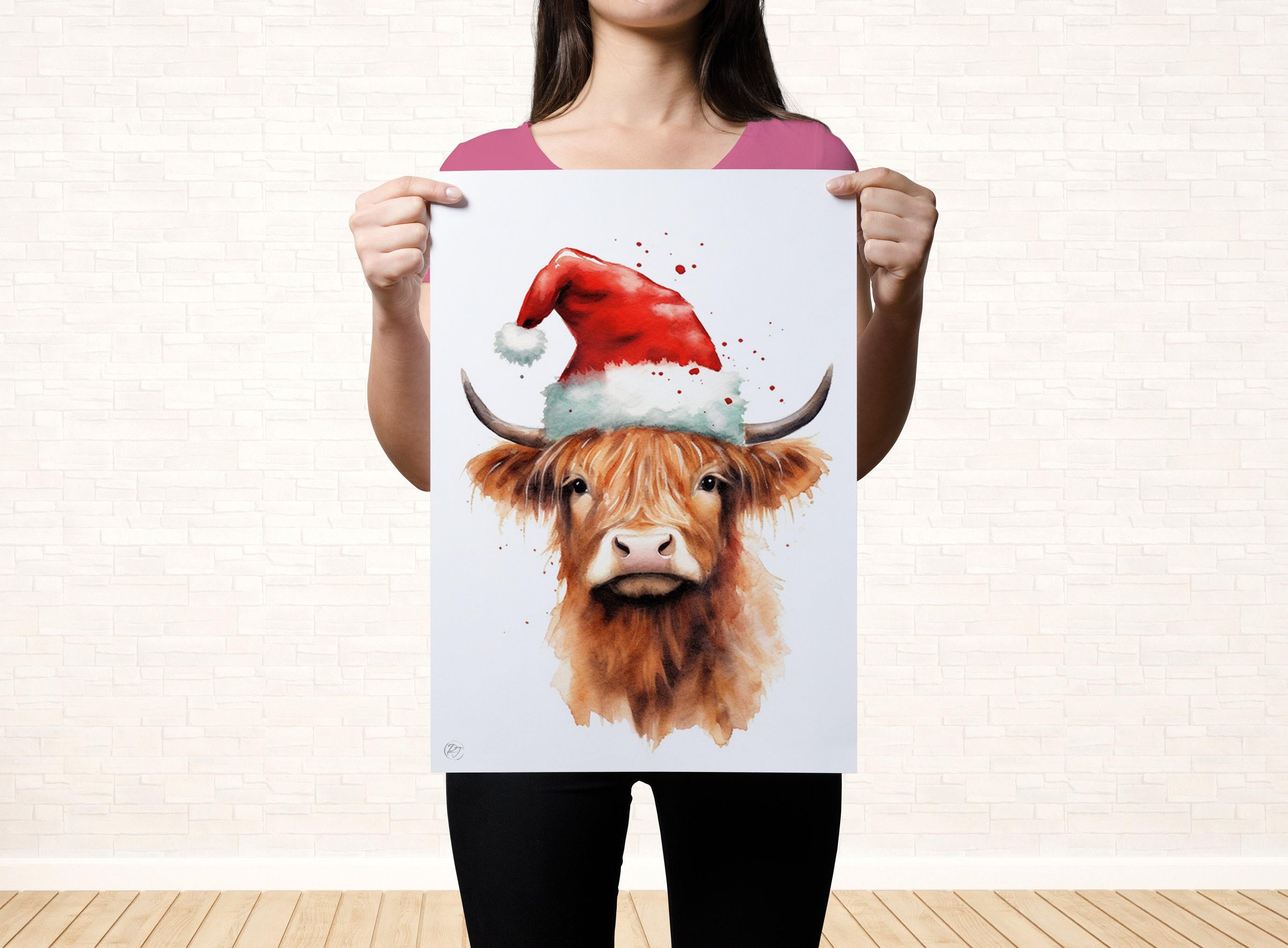 Cute Baby Highland Cow in Santa Hat Watercolor Art, Giclee Print on Canvas, Artist Paper, Watercolor Paper, Available in Extra Large Sizes