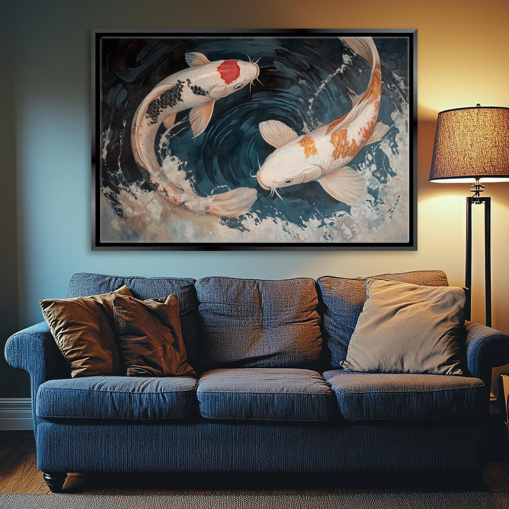 a living room with a couch and a painting on the wall