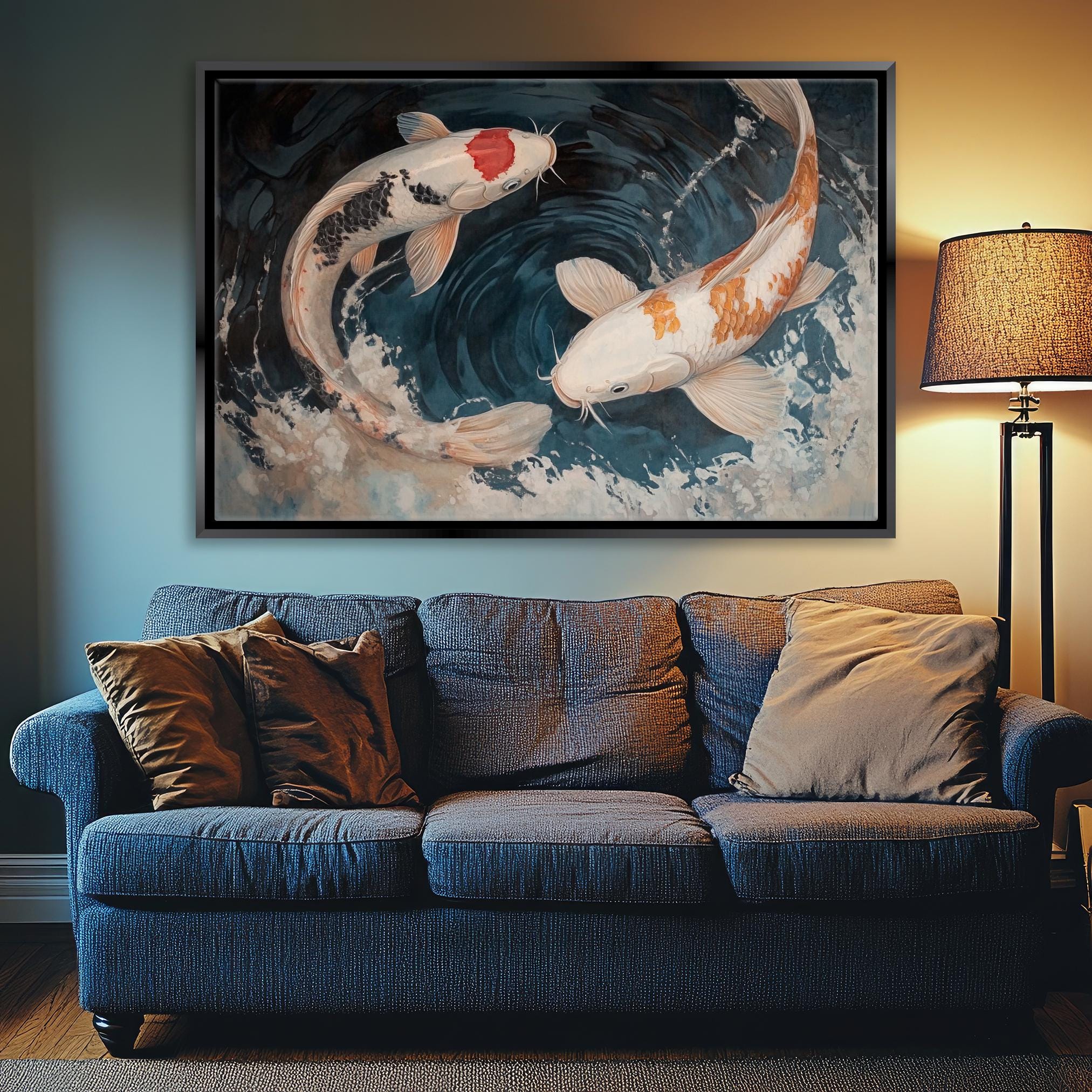 a living room with a couch and a painting on the wall