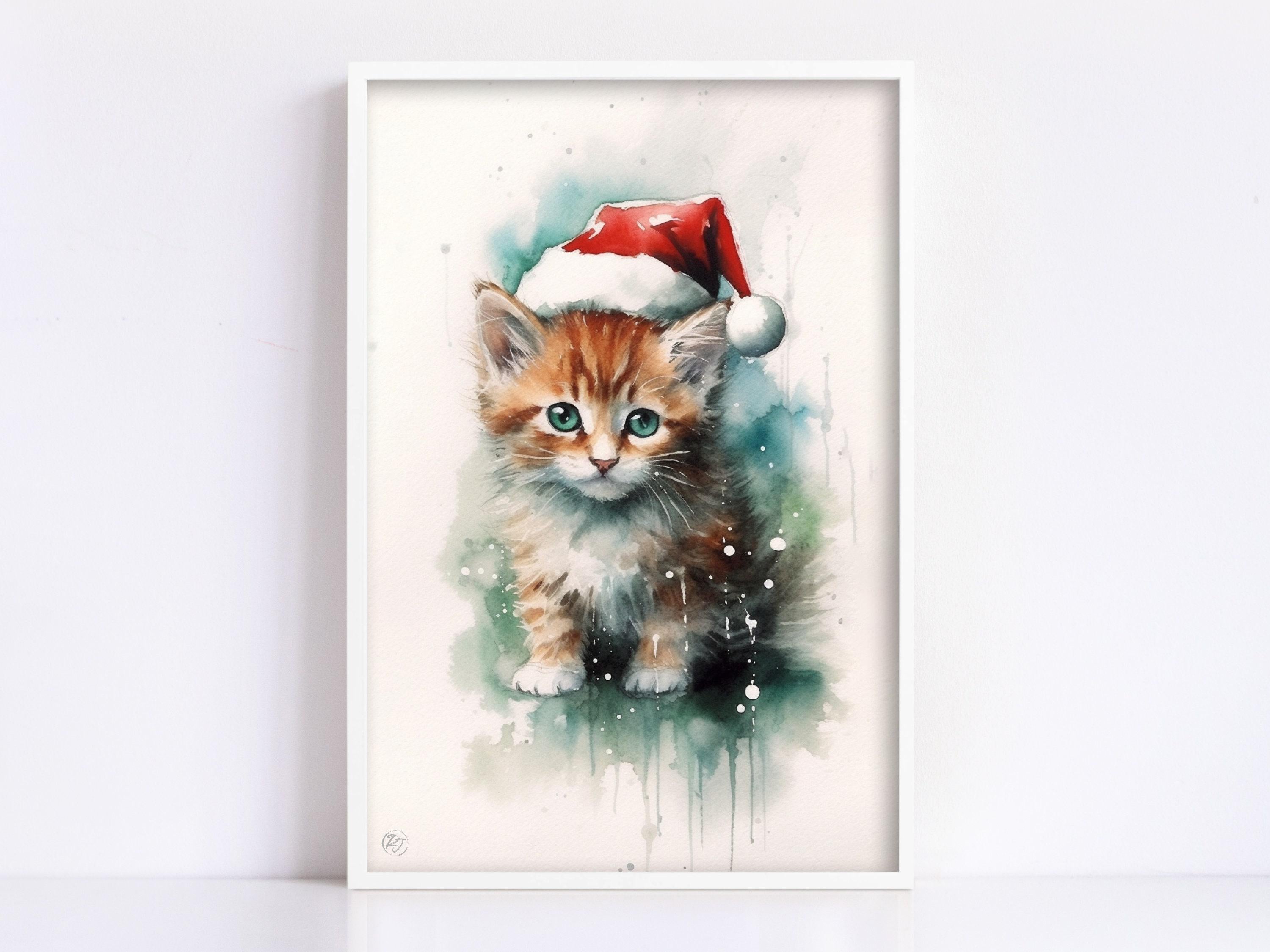 Festive Kitten in Santa Hat Watercolor Art Print, Giclee Print on Canvas, Artist Paper, Watercolor Paper, Available in Extra Large Sizes