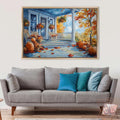 a cozy living room with a gray sofa adorned with blue and teal throw pillows, and a large painting of a porch with a blue door, white railing, and autumn foliage.