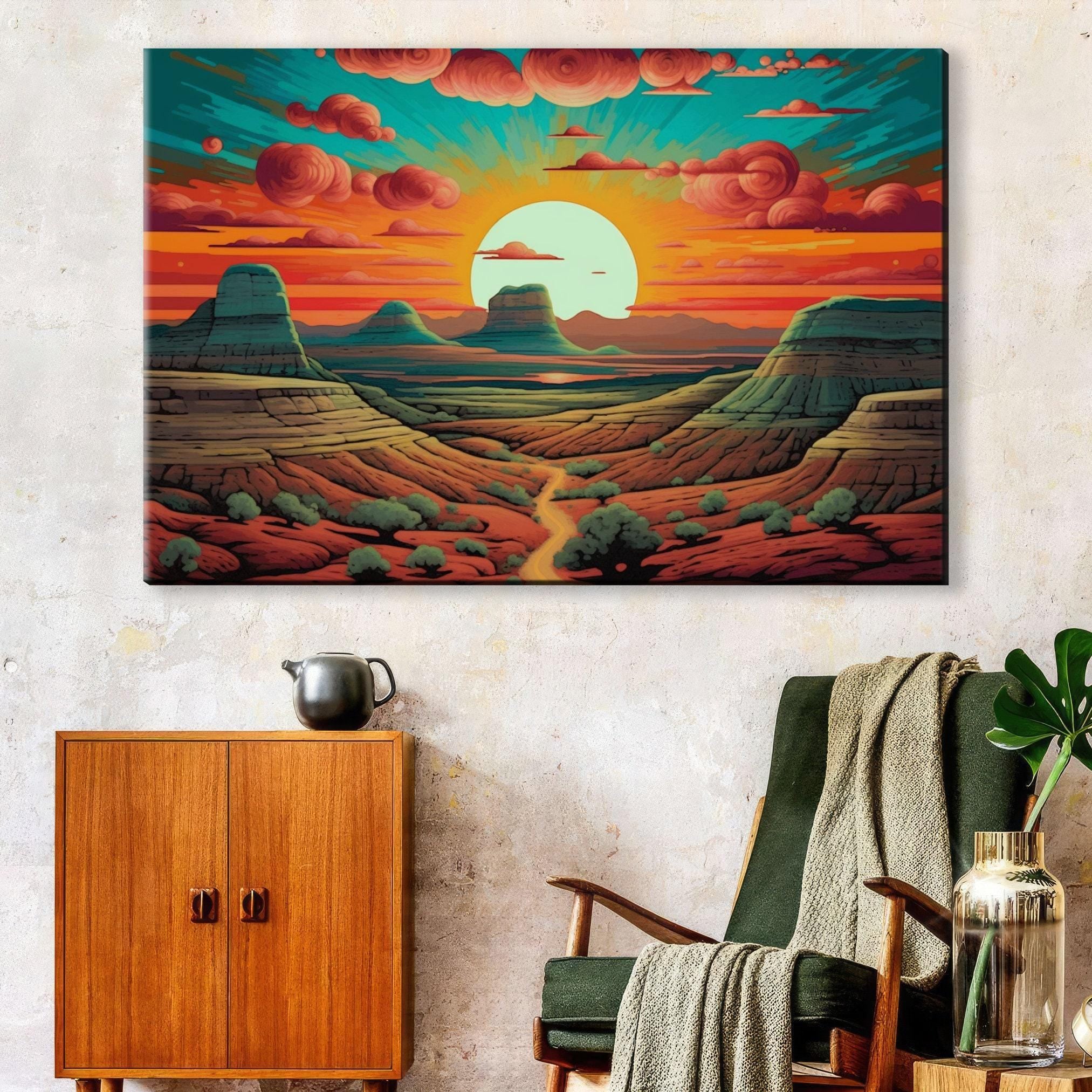a vibrant desert landscape with a large sun setting over the mountains, creating a colorful and serene atmosphere.