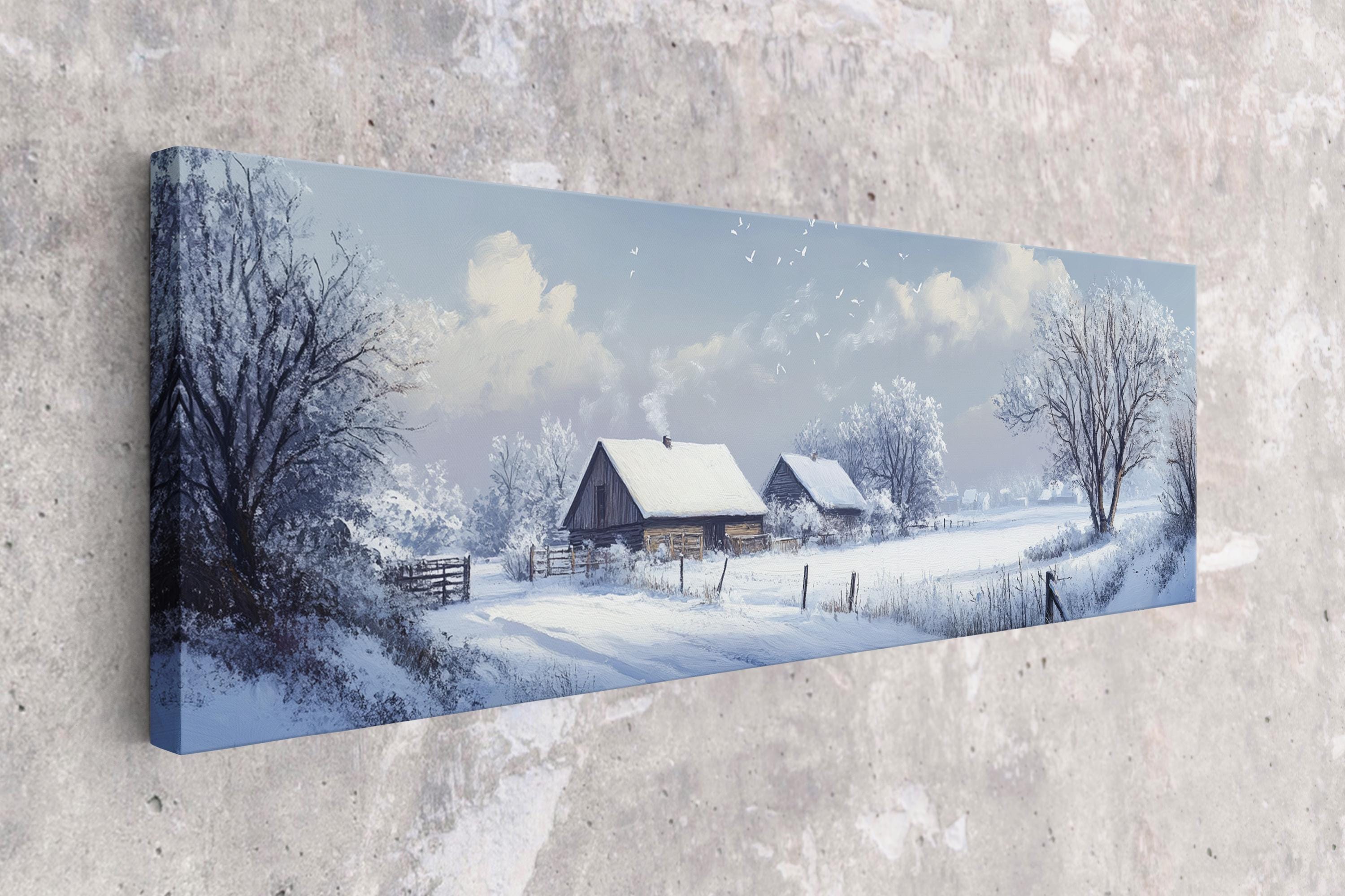 a painting of a snowy country scene with a barn