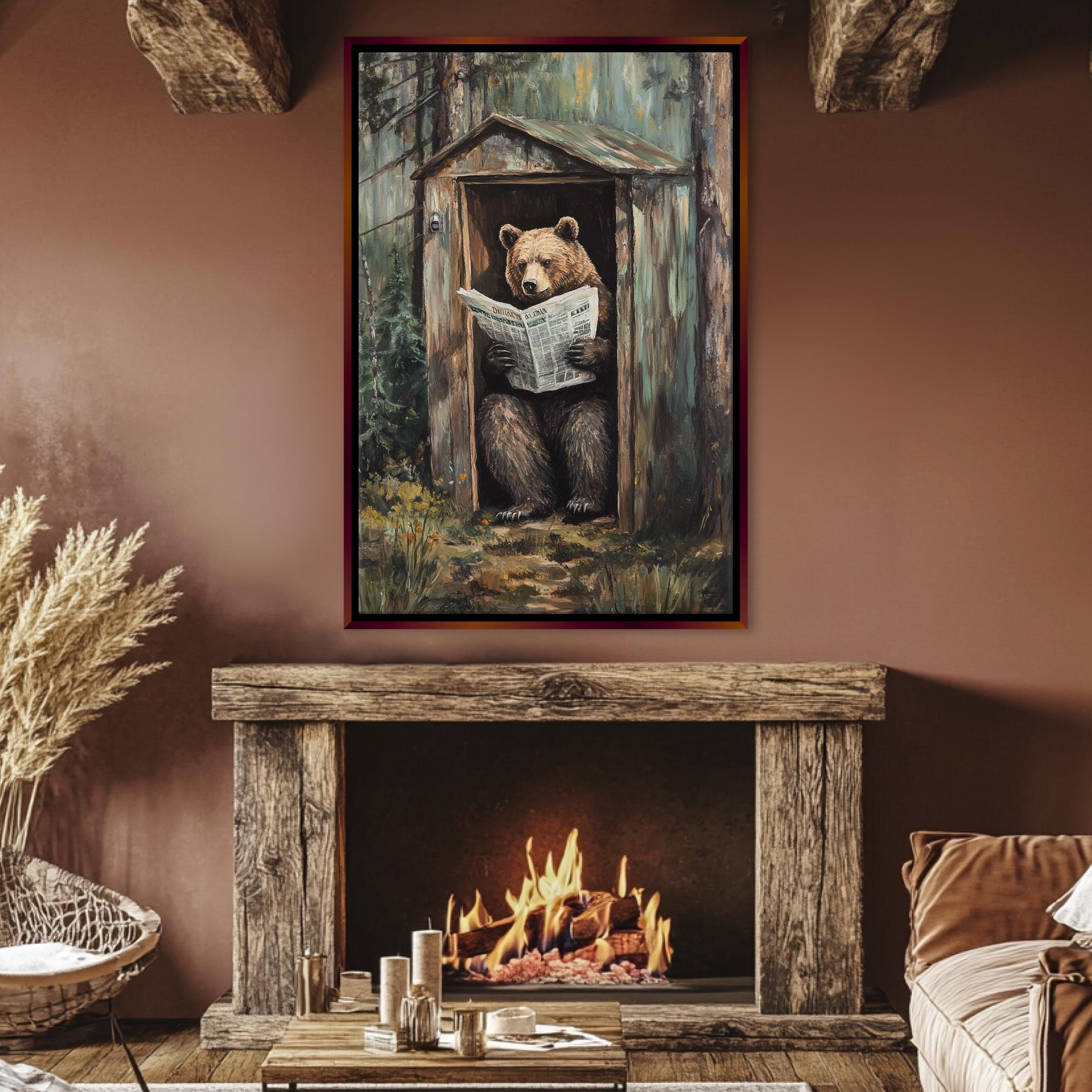 a painting of a bear reading a newspaper