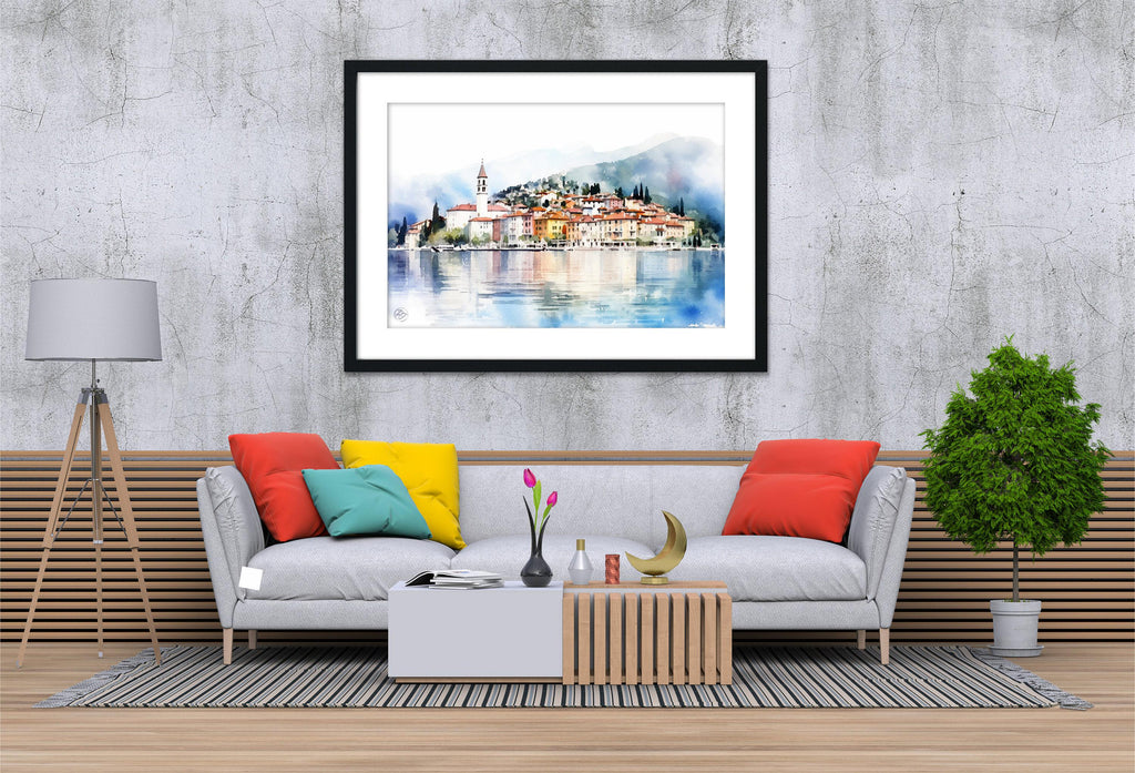 Lake Como Serenity: Bellagio Italy Watercolor Art, Giclee Print on Canvas, Artist Paper, Watercolor Paper, Available in Extra Large Sizes