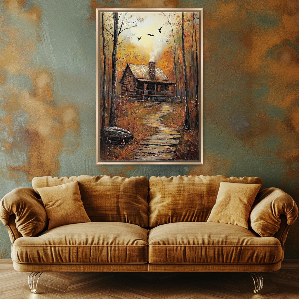 a cozy cabin nestled in a forest, with a winding path leading up to it. The cabin is surrounded by trees and foliage, creating a serene and peaceful atmosphere. The painting is hung on a wall above a plush couch, which is positioned in front of the cabin, creating a harmonious and inviting living space.
