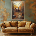 a cozy cabin nestled in a forest, with a winding path leading up to it. The cabin is surrounded by trees and foliage, creating a serene and peaceful atmosphere. The painting is hung on a wall above a plush couch, which is positioned in front of the cabin, creating a harmonious and inviting living space.