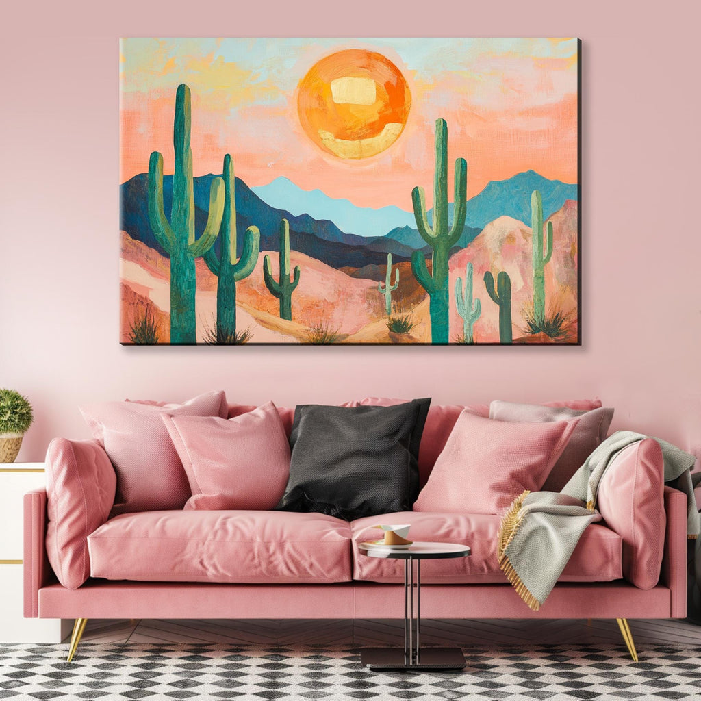 a living room with a pink couch and a painting on the wall