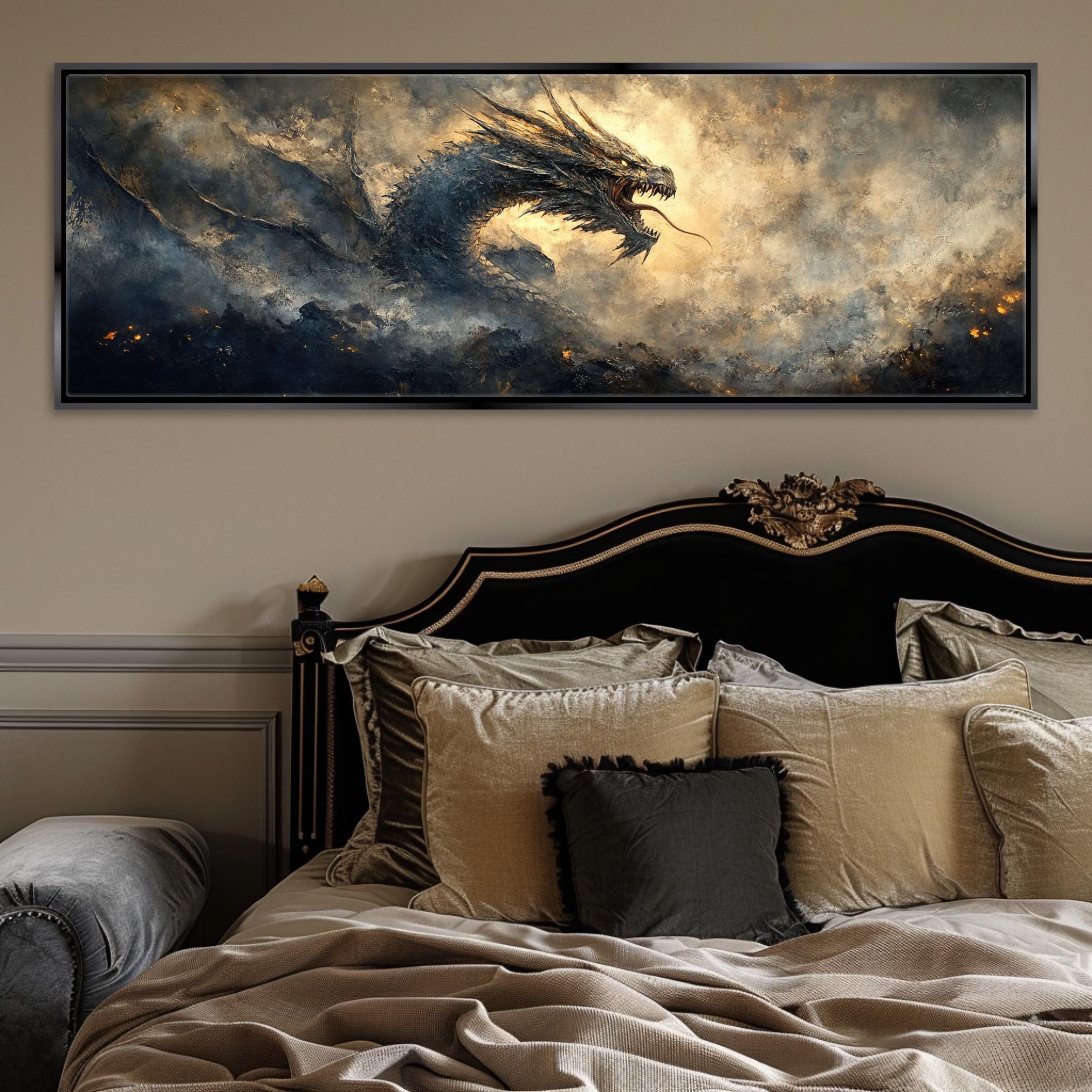 a painting of a dragon on a wall above a bed