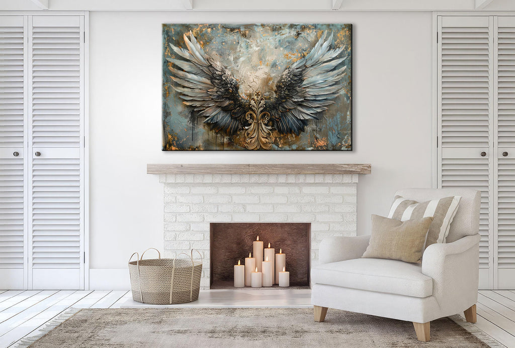Angel Wings Wall Art – Large Canvas Art | Blue and Gold Painting, Ornate Feather Design