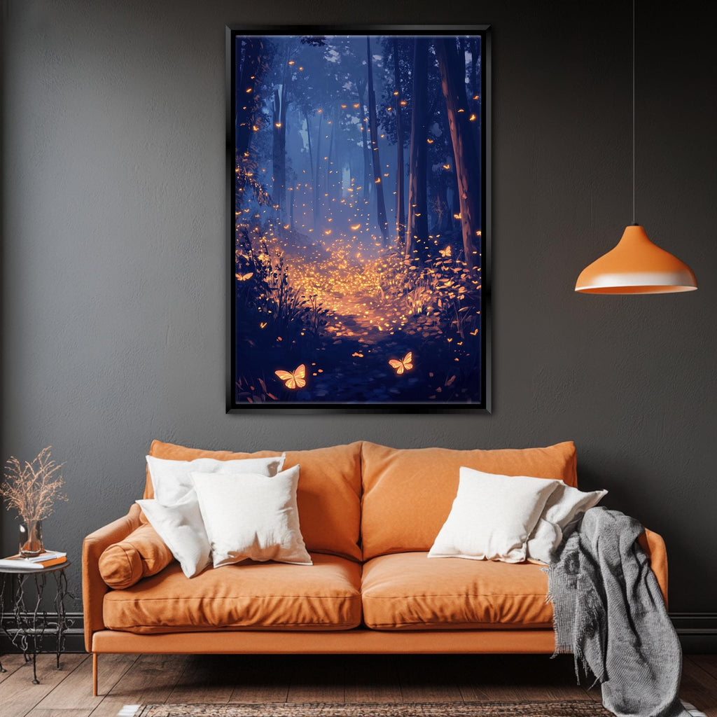 a living room with a couch and a painting on the wall